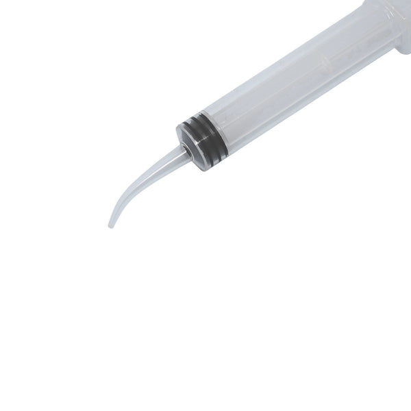 Close up view of EBIKO 412 curved tip syringe with a 12ml capacity designed for precision irrigation and fluid application