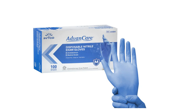 AdvanCare disposable nitrile exam gloves blue in five sizes 100 gloves per box