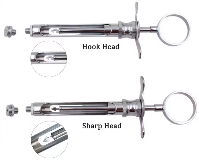 Showing different style of Aspirating Syringe hook head and sharp head