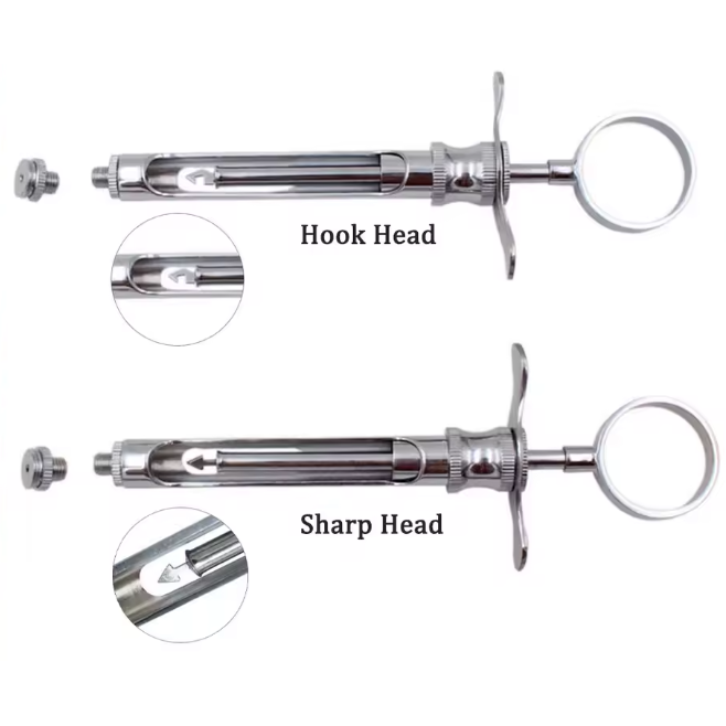 Showing different style of Aspirating Syringe hook head and sharp head - alternate view