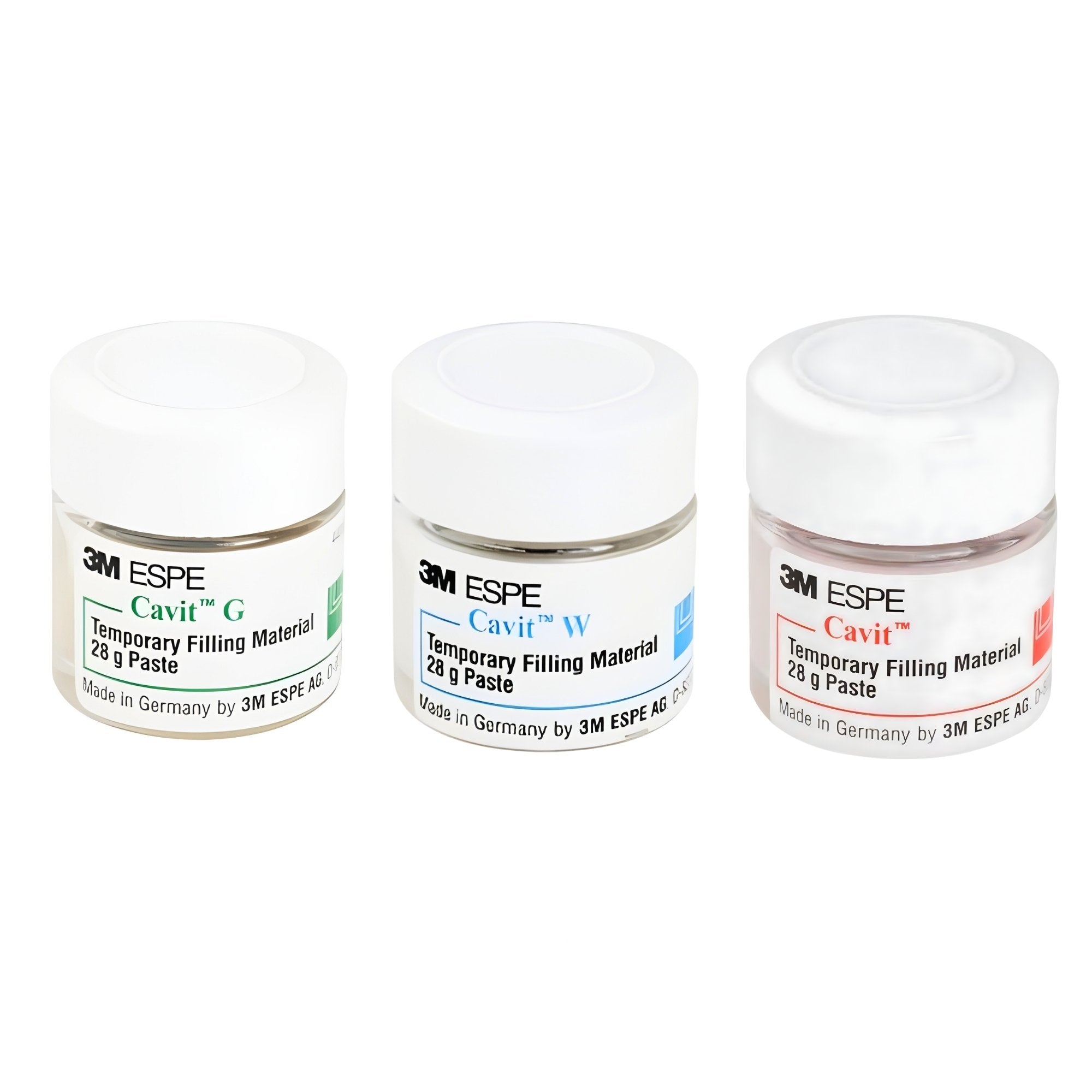 Three jars of 3M ESPE Cavit G-P-W temporary filling material on a white background