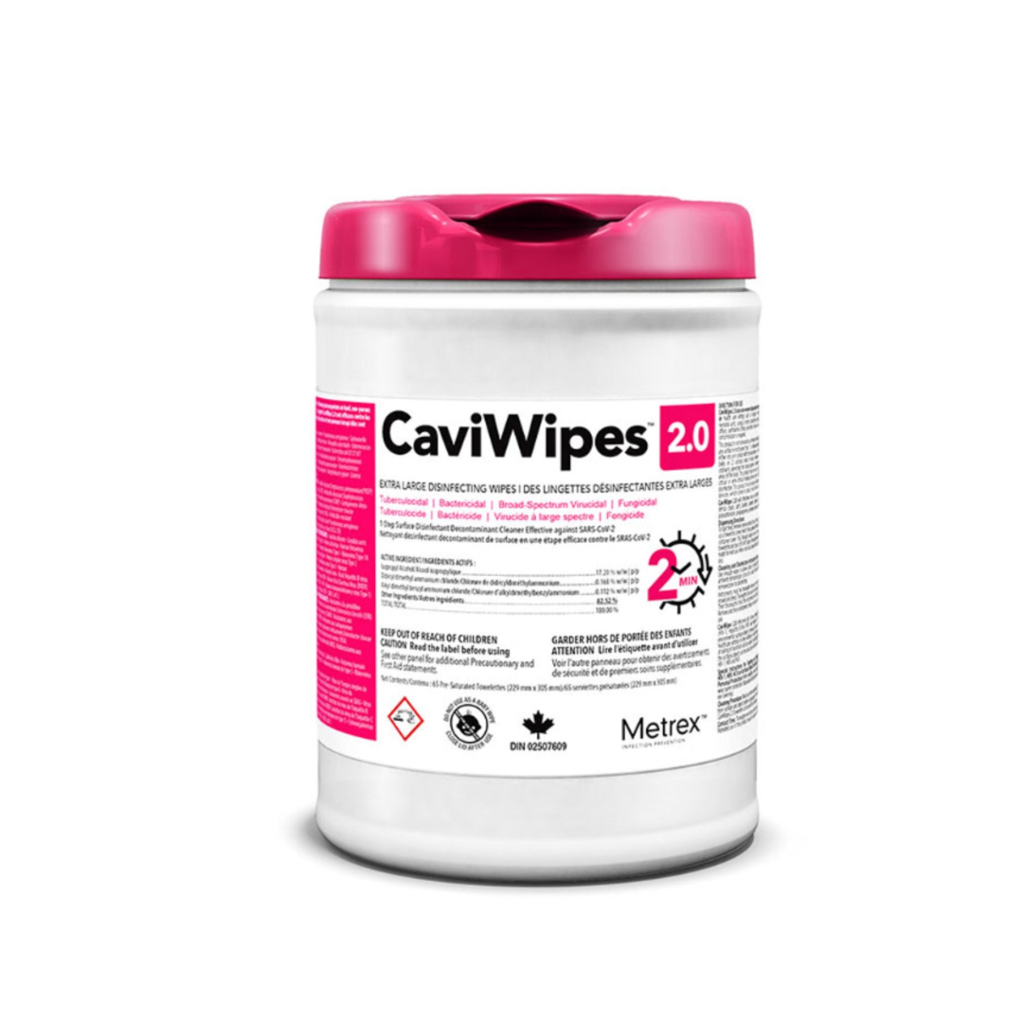 CaviWipes 2.0 container with pink lid on a white background