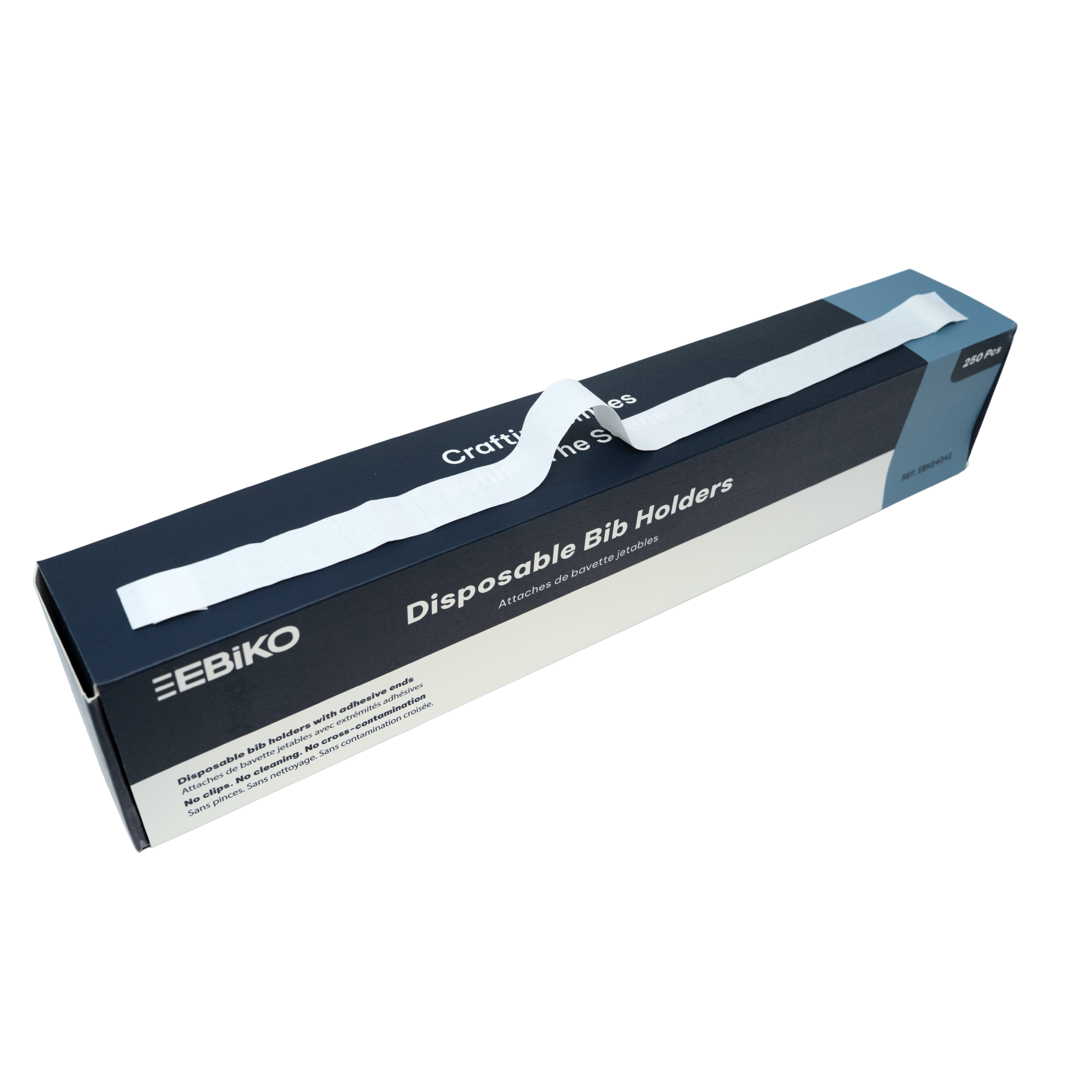 Ebiko disposable bib holders with adhesive ends, 250 count box packaging with one bib holder displayed on top