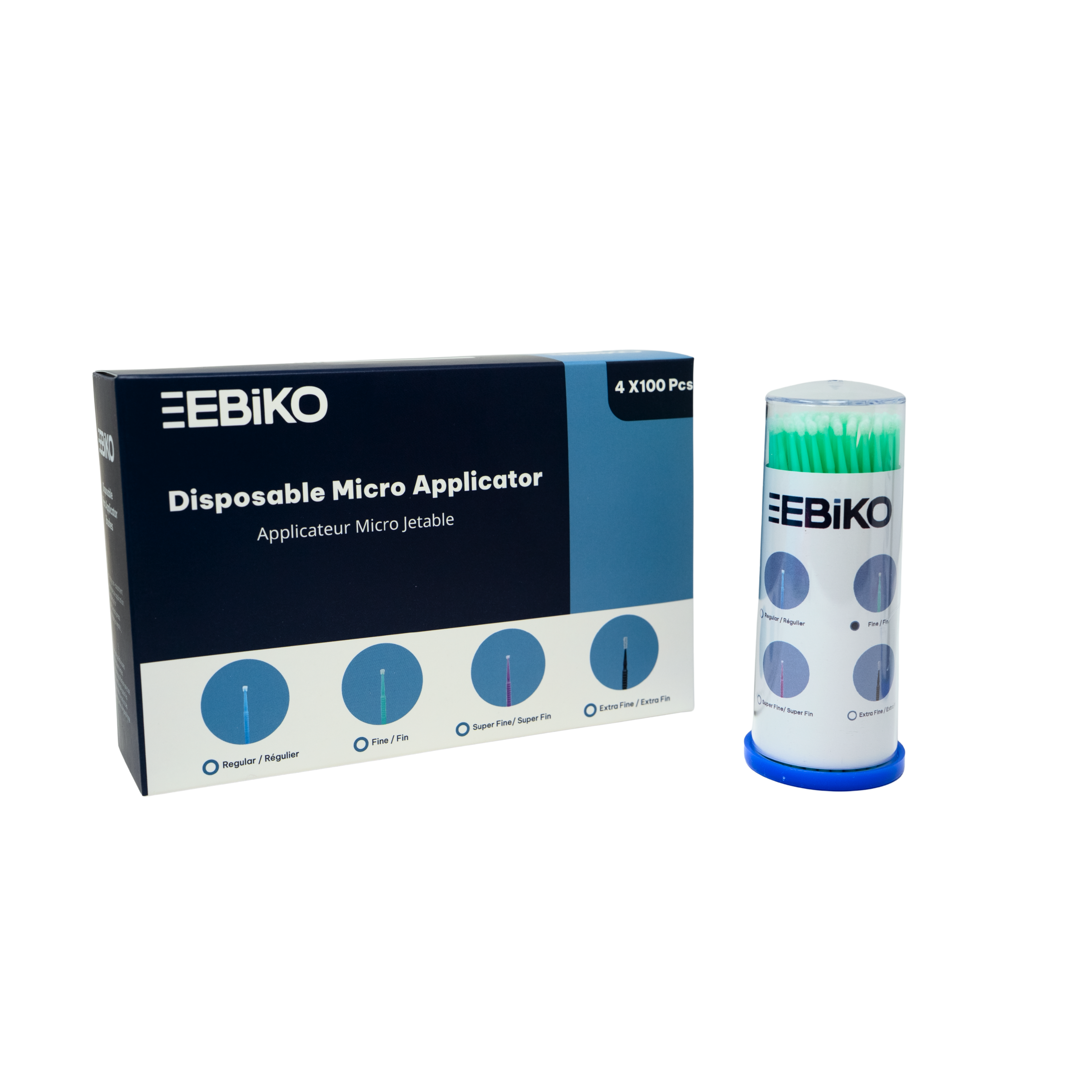 Ebiko disposable micro applicators in assorted sizes, 400 count, packaging box with applicator container shown
