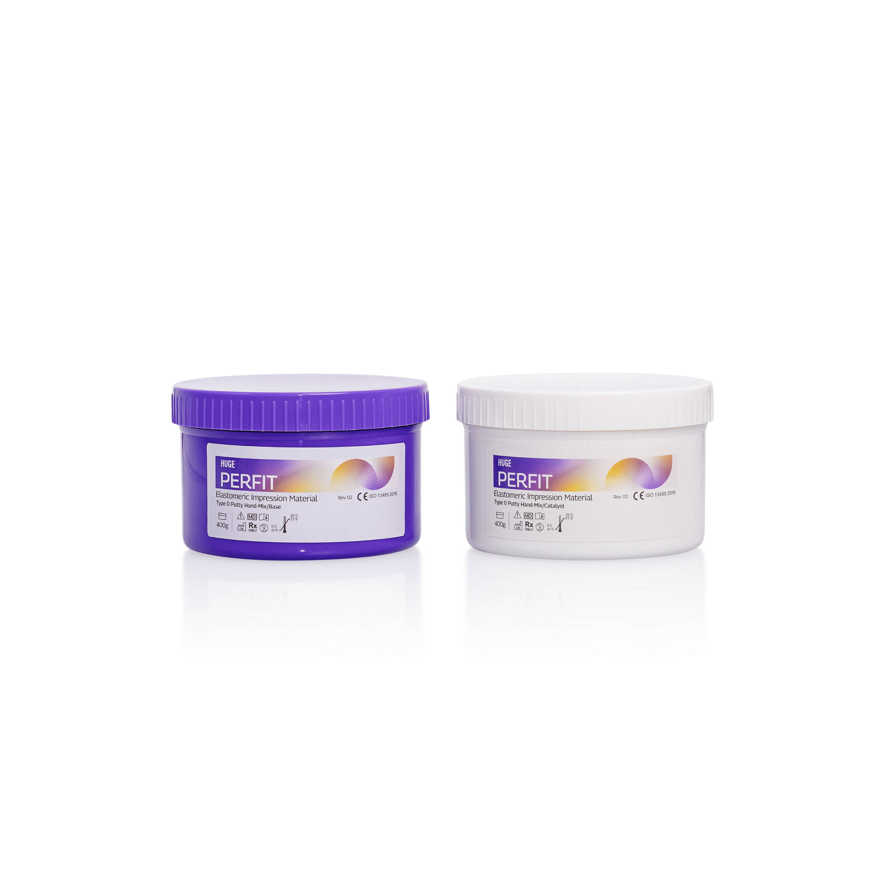 Perfit Putty dental impression material set with box, containers, and spoon on a white background 2 box