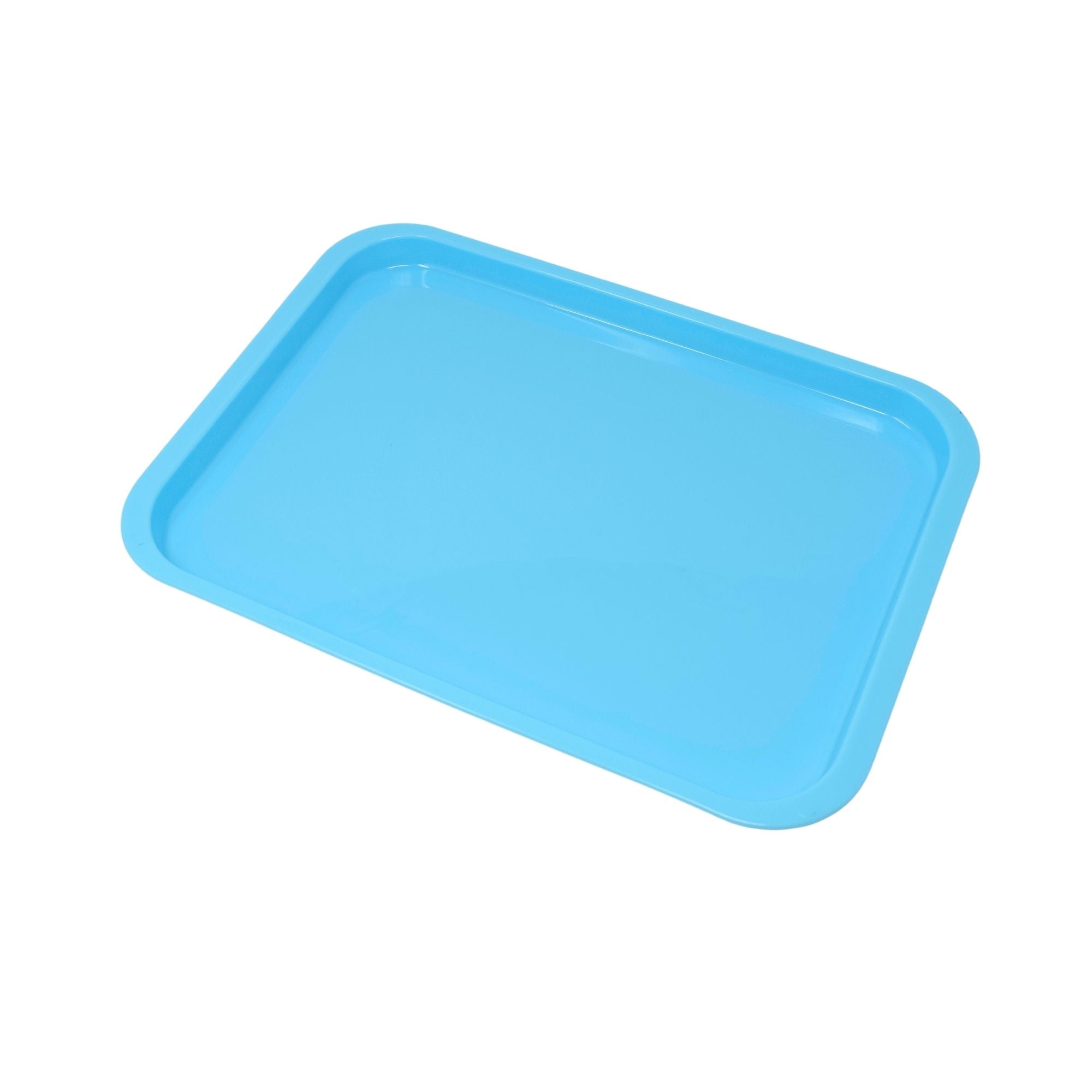 Blue plastic instrument tray with raised edges ideal for dental or medical tool organization