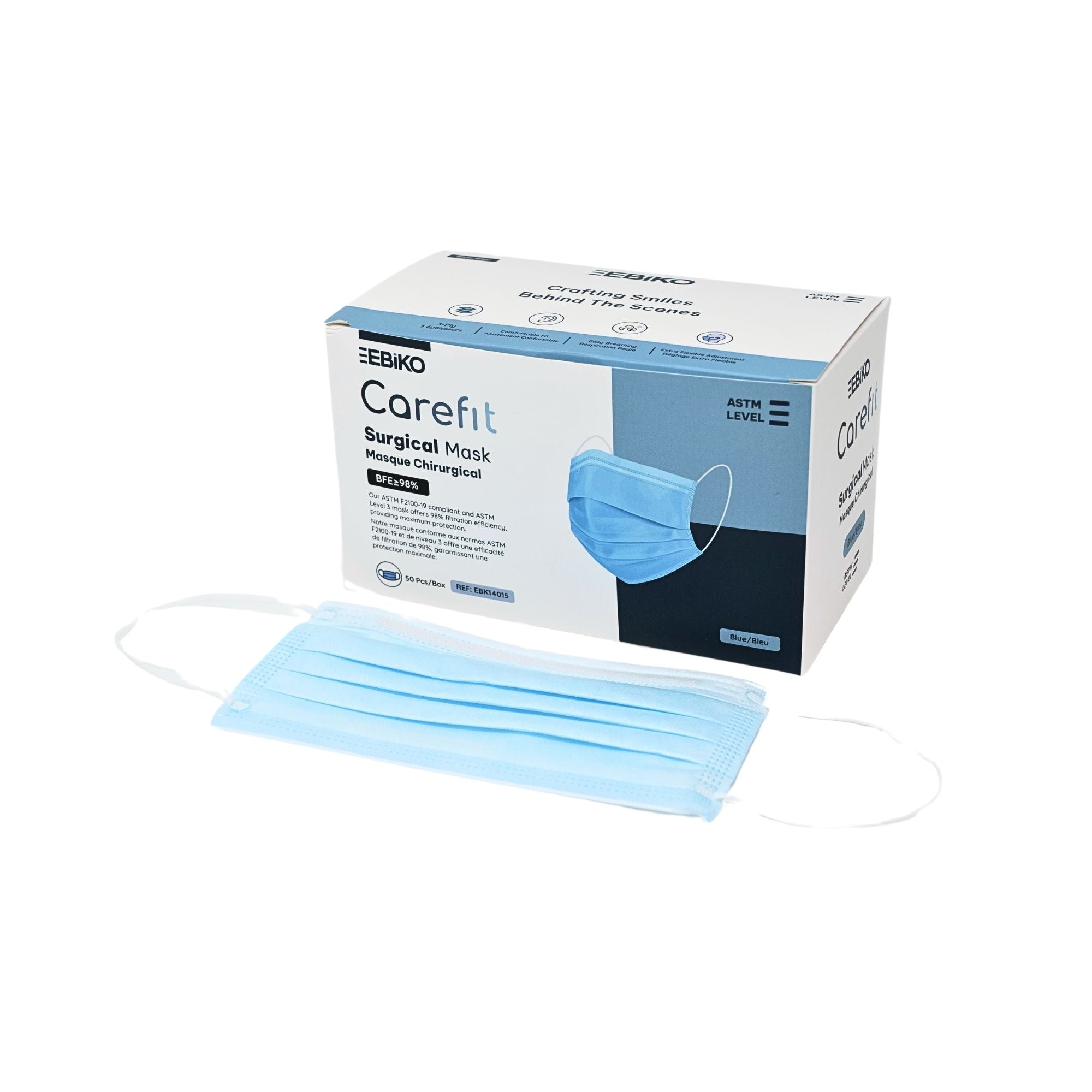 Ebiko CareFit ASTM Surgical Ear Loop Masks Level 3 blue color 50 pieces per box