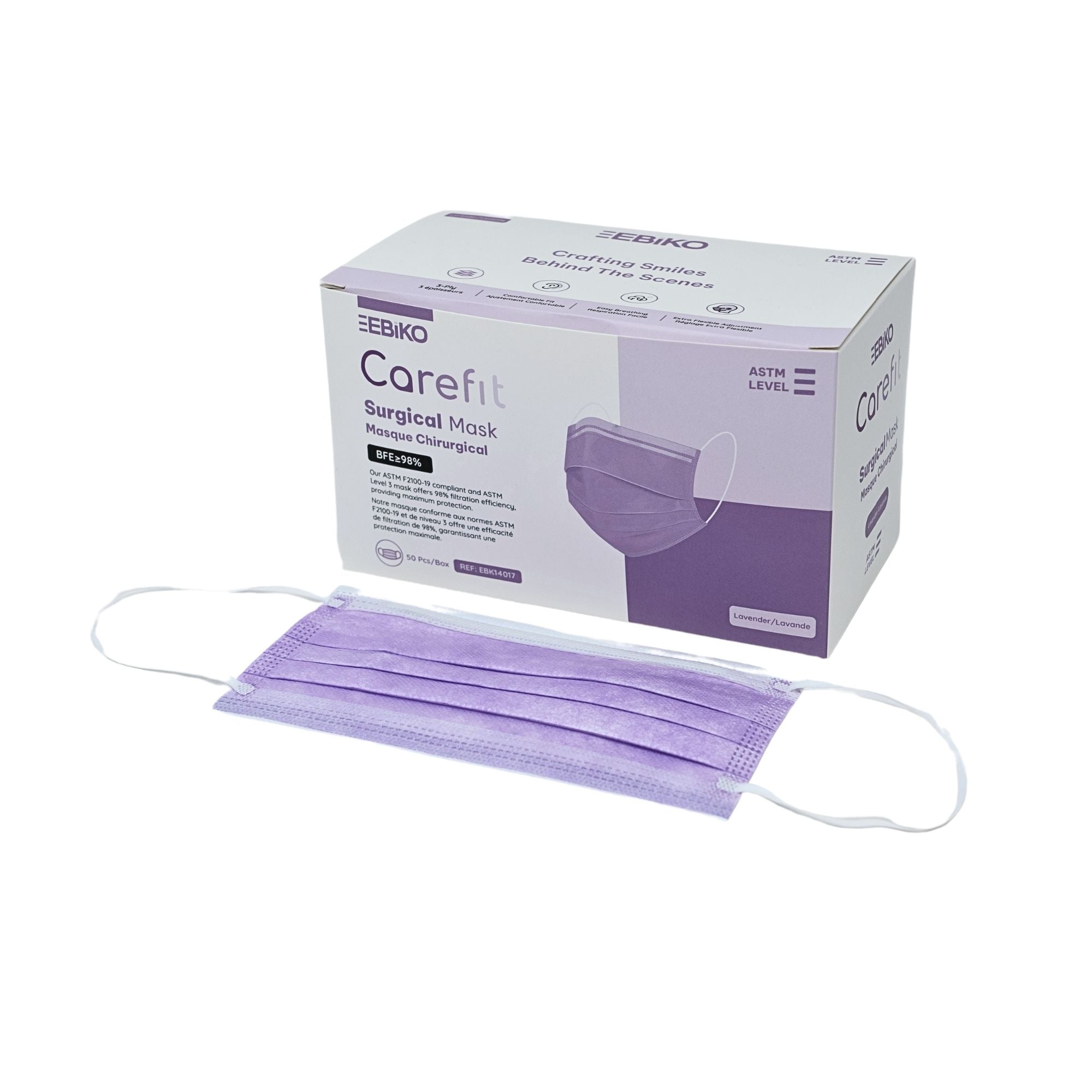Ebiko CareFit ASTM Surgical Ear Loop Masks Level 3 lavender color 50 pieces per box