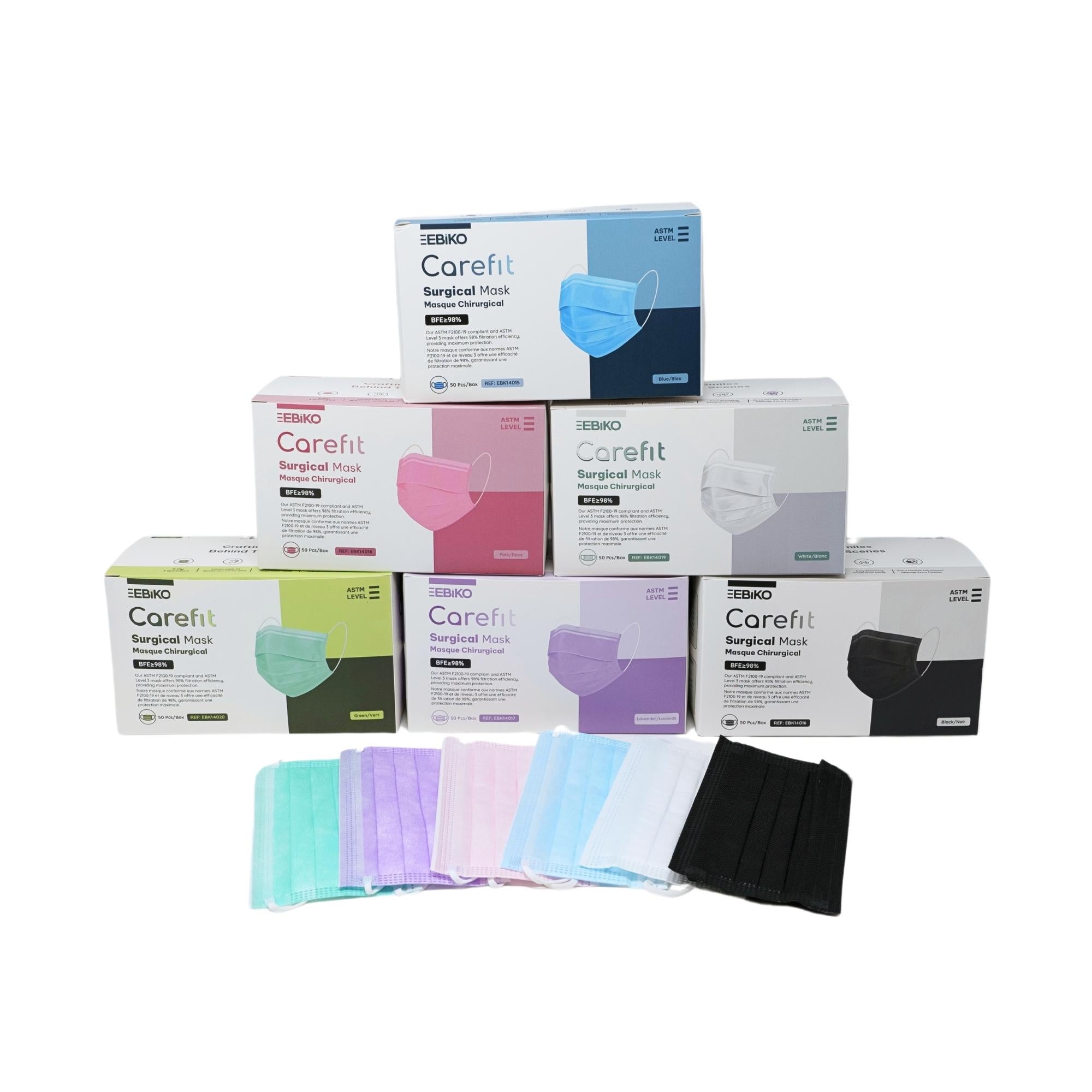 EBIKO CareFit ASTM Surgical Ear Loop Masks Level 2 and Level 3 Mixed Colors