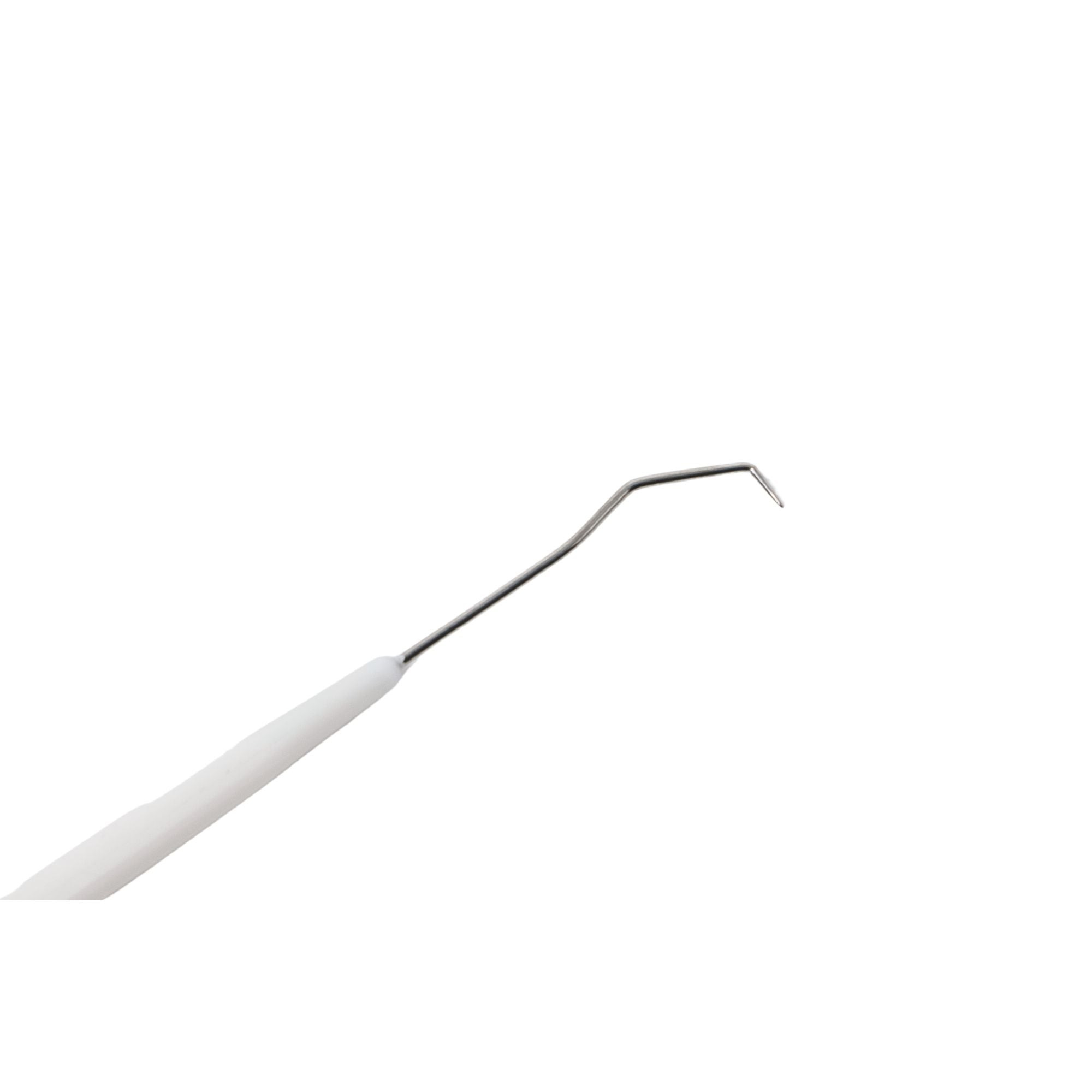 Close-up of angled tip on the opposite end of disposable dental explorer with white handle