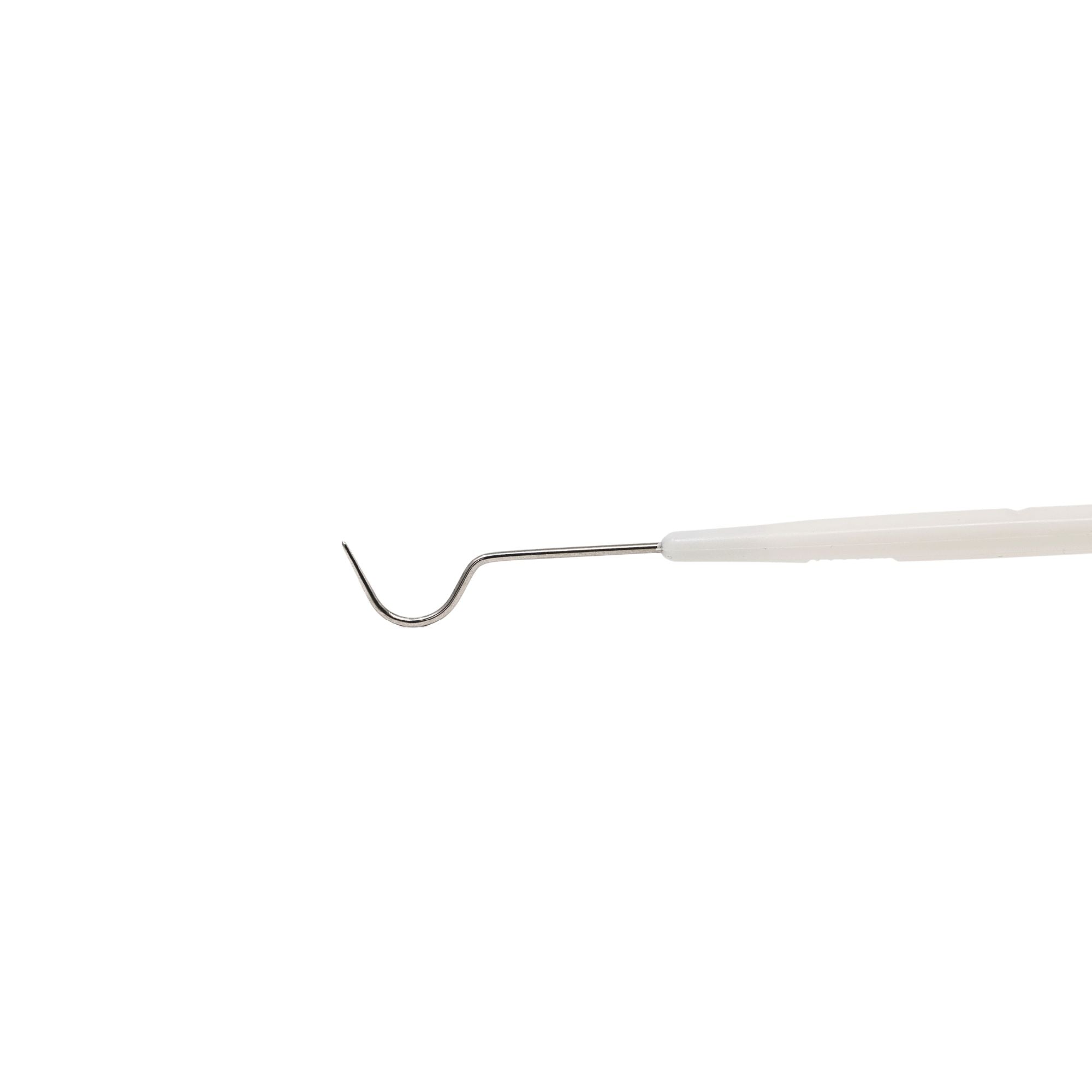 Close-up of one end of disposable dental explorer tool with white handle