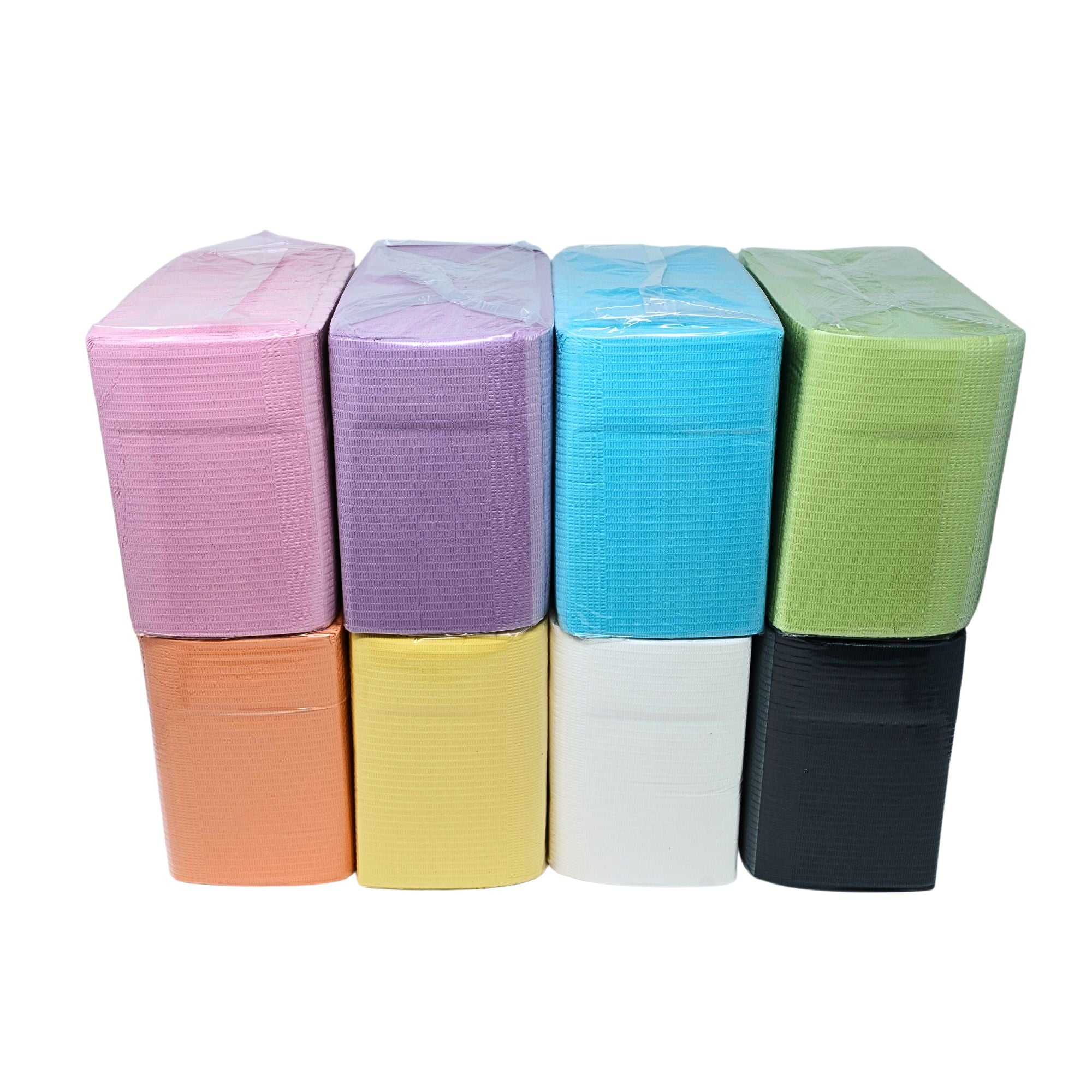 Dental Bib color options with various colors including pink purple blue green yellow white and black showing inner packaging for dental use