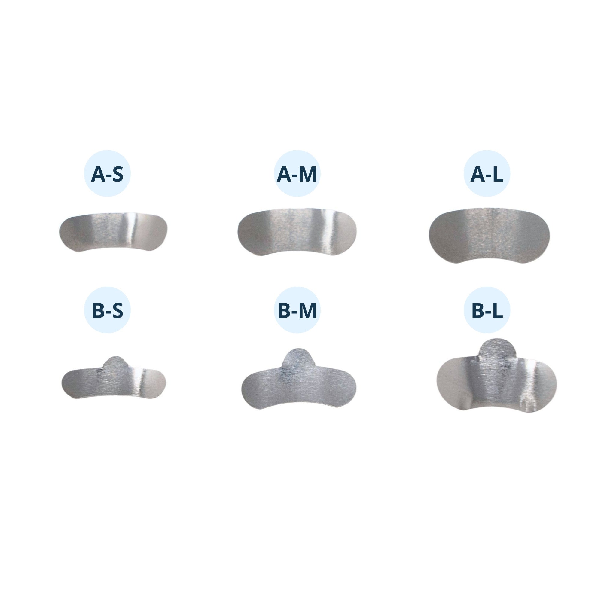 Assorted dental matrix bands bean shape labeled A-S A-M A-L B-S B-M B-L in various sizes and shapes stainless steel