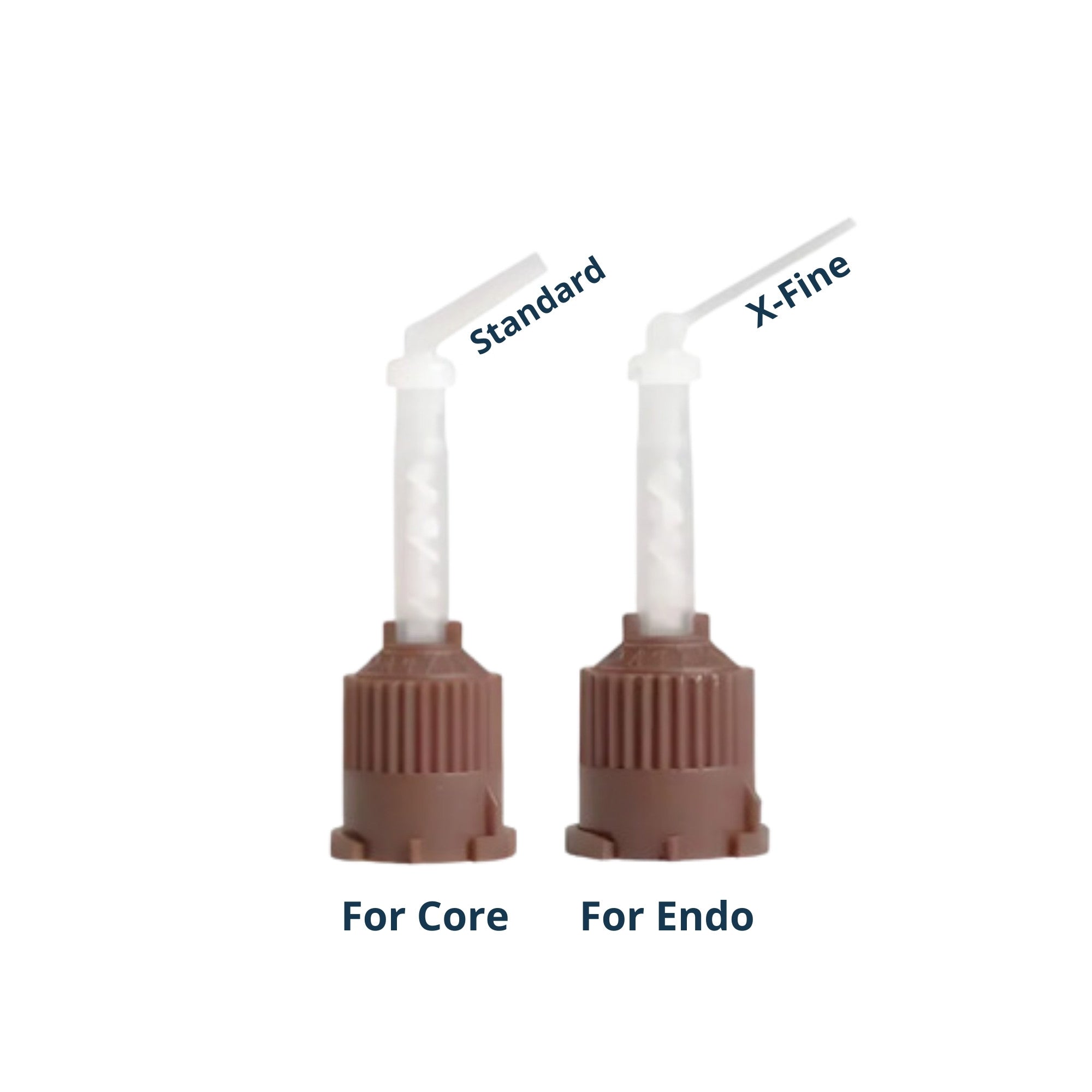Mixing tips for dental application showing Standard and X-Fine nozzle options in brown connectors