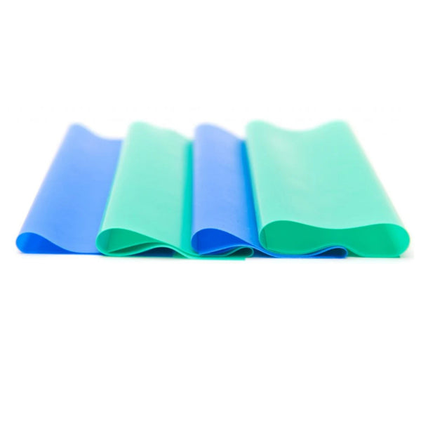 Dental rubber dam in green and blue latex available in 5x5 and 6x6 inches with thin medium and heavy thickness options