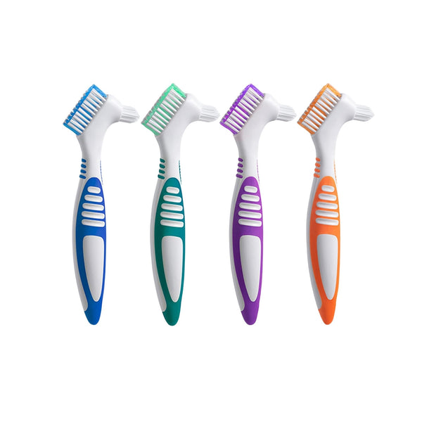 Set of 10 denture brushes with ergonomic handles in assorted colors designed for effective cleaning of dentures and oral appliances