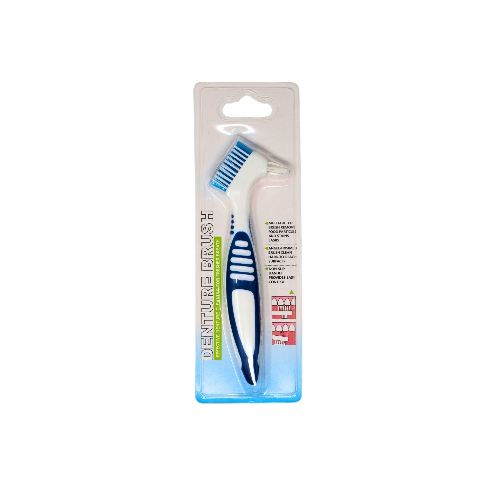 denture brushes blue with ergonomic handles designed for effective cleaning of dentures and oral appliances individual package