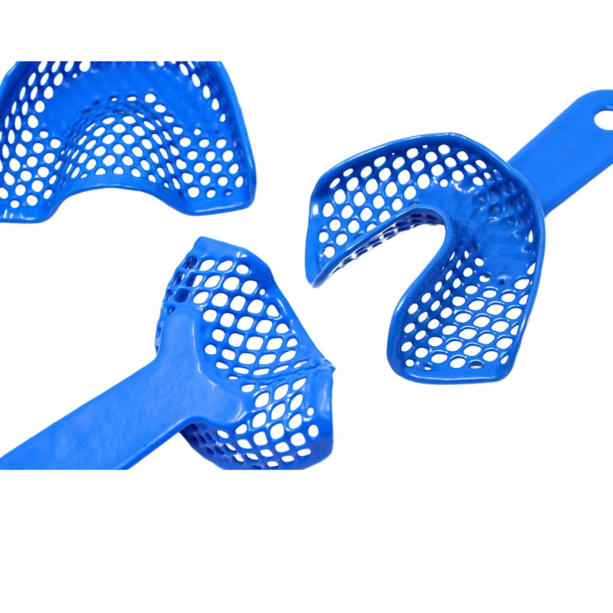 Detailed close-up of blue autoclavable plastic steel impression trays showing perforated design