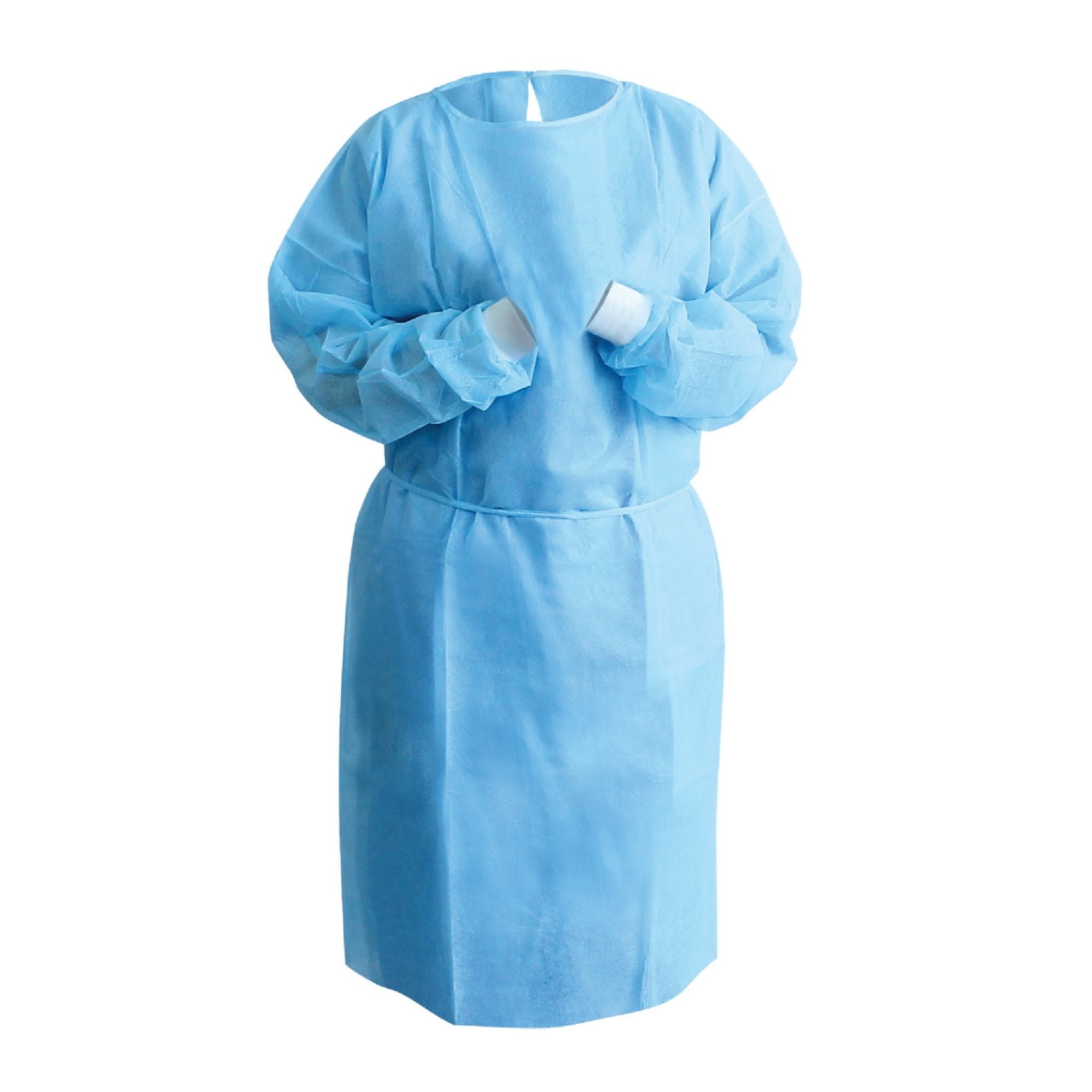 Blue disposable isolation gown made from SMS material with knitted cuffs ideal for dental medical and laboratory use