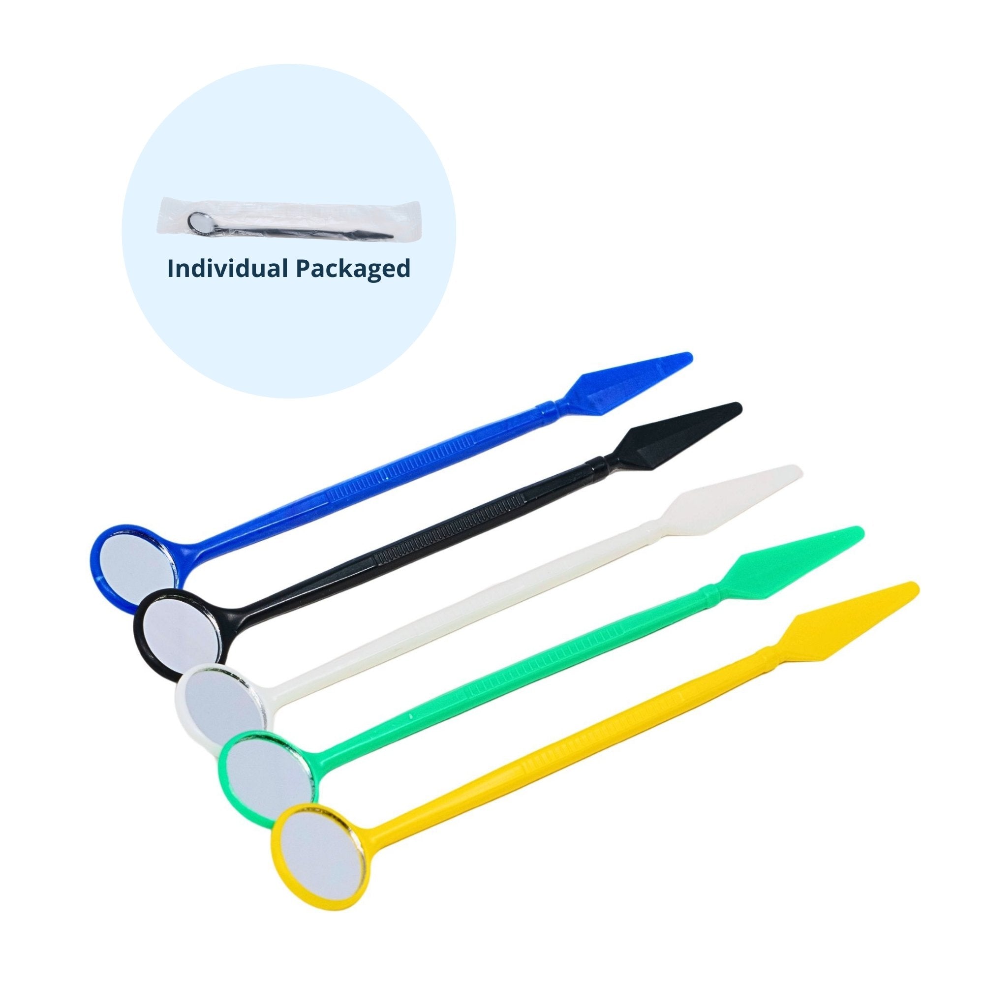 Assorted colors of disposable mouth mirrors individually packaged 100 per pack