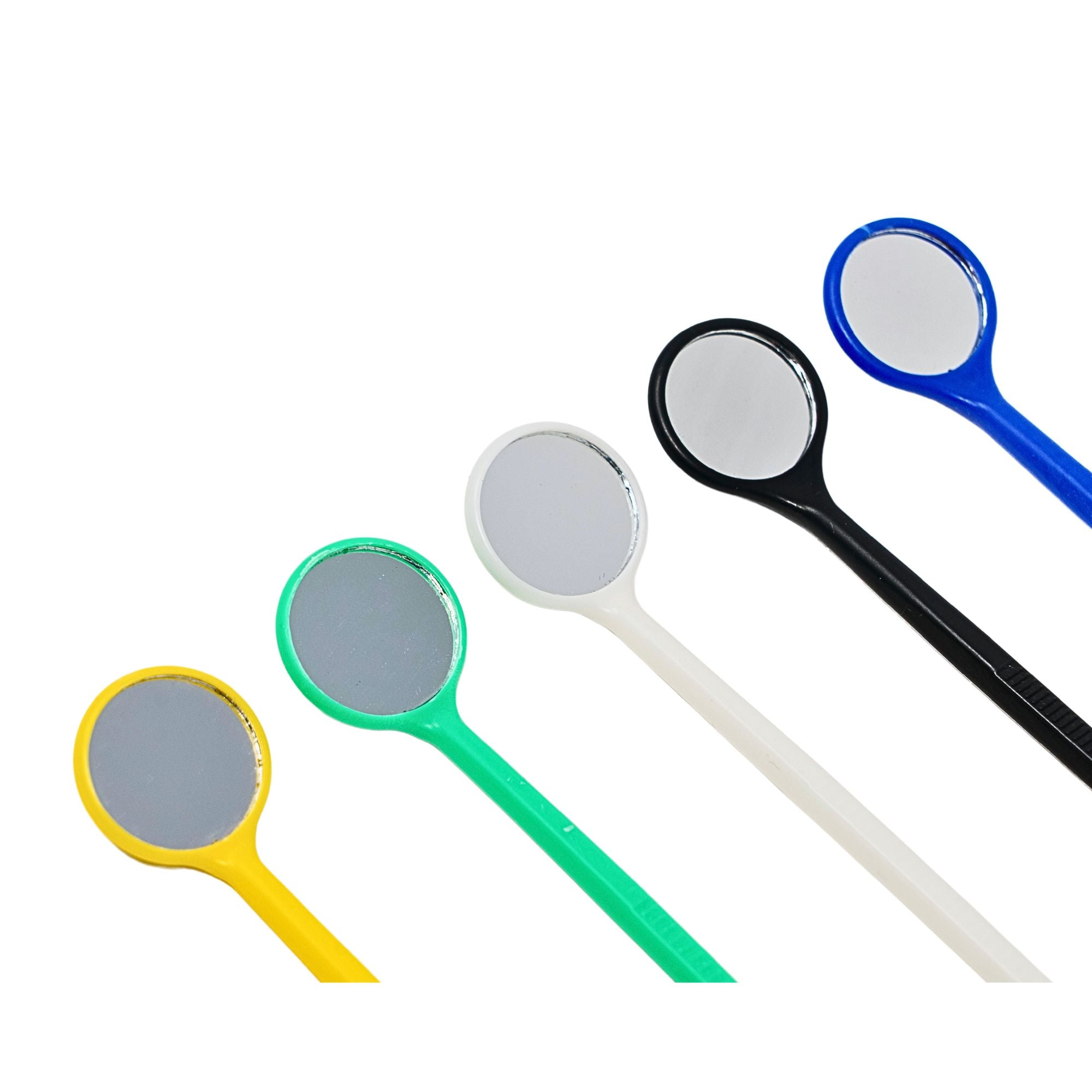 Close-up of disposable mouth mirrors focusing on reflective mirror surface