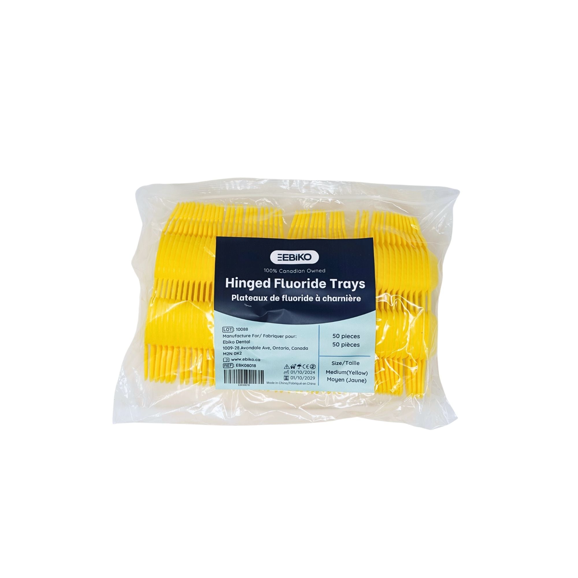 Yellow medium size dual arch hinged fluoride tray package detail