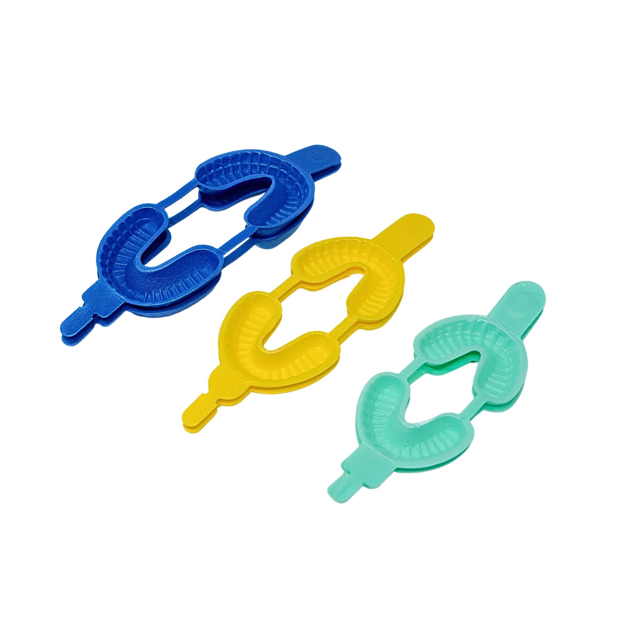 dual arch hinged fluoride trays in blue yellow and green