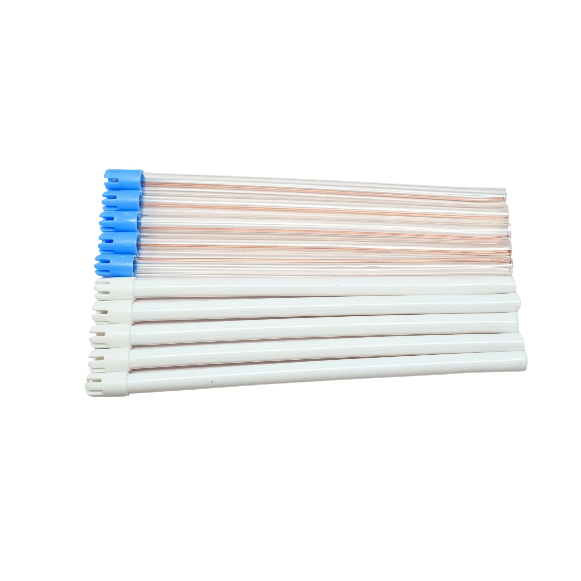 Alternative angle of dual-color saliva ejectors featuring clear and white tubing with blue vented tips for efficient dental suction