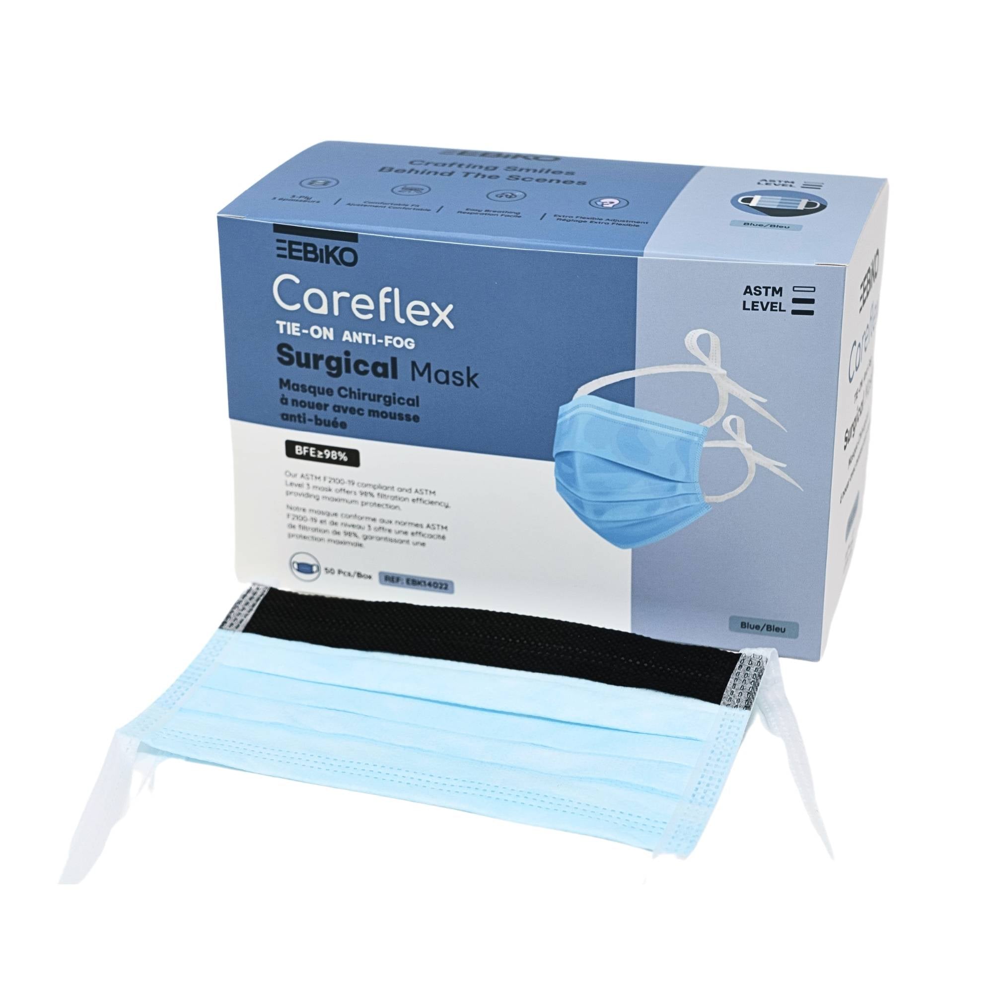 EBIKO CareFlex tie-on anti-fog surgical mask ASTM level 2 and level 3 disposable medical face mask 50 per box for high filtration and comfort