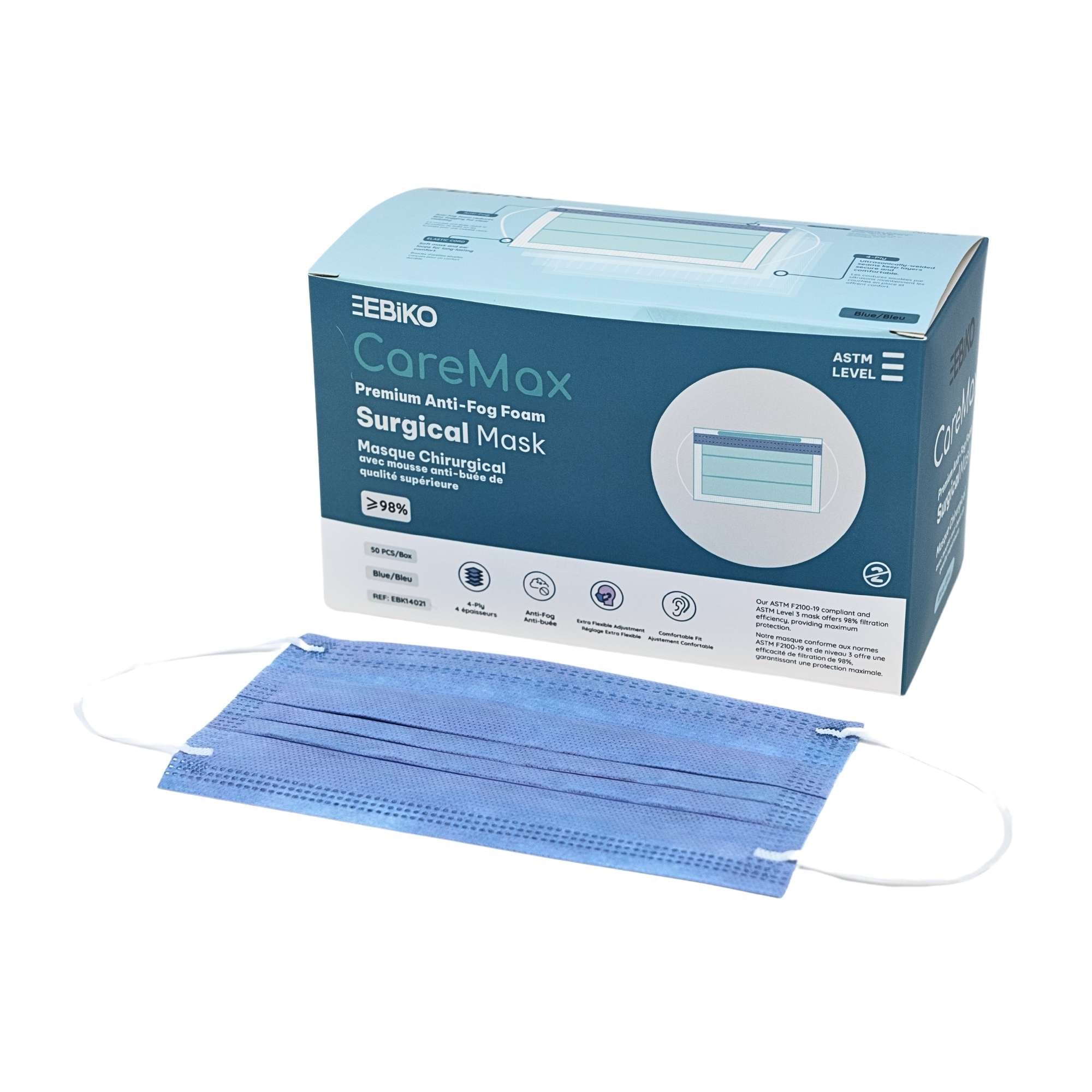 EBIKO CareMax anti-fog surgical mask ASTM level 3 premium 4 ply medical face mask 50 per box for superior protection and comfort