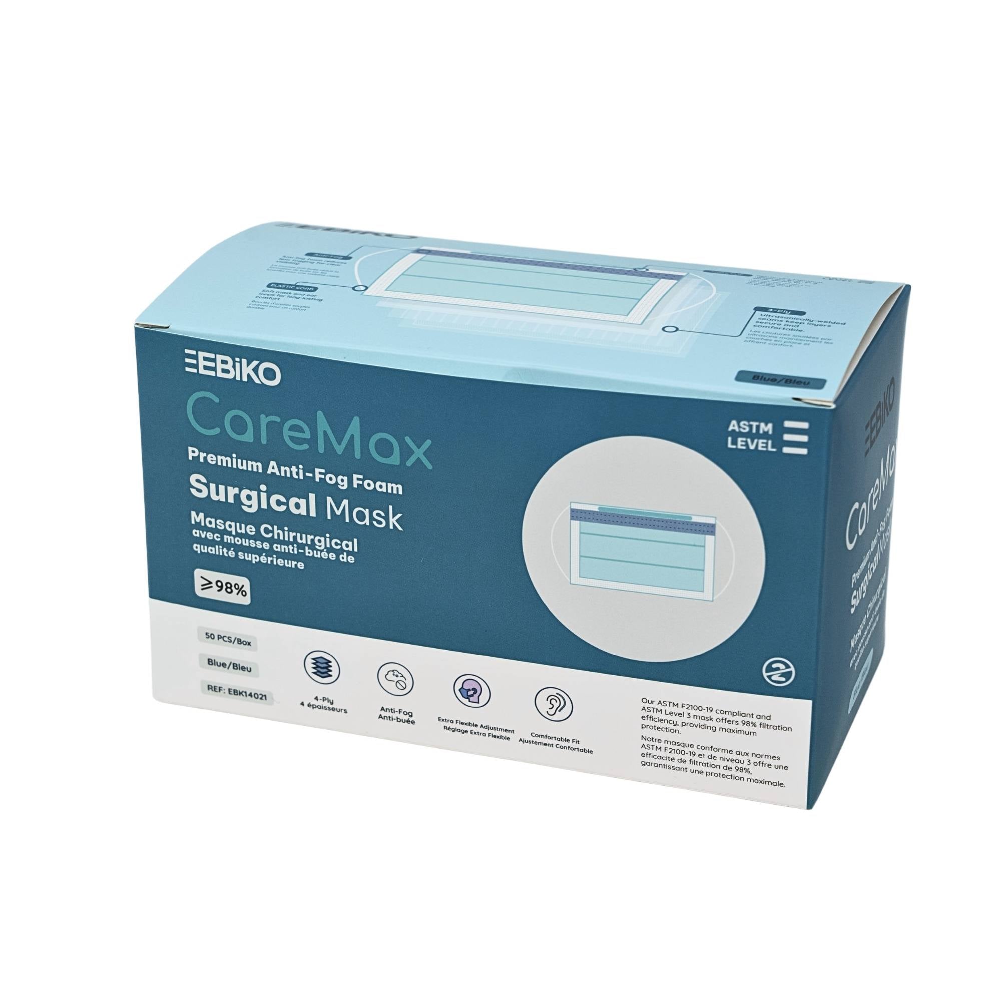 Ebiko CareMax premium anti-fog surgical mask ASTM Level 3 4-ply medical face mask 50 box with enhanced filtration and comfort