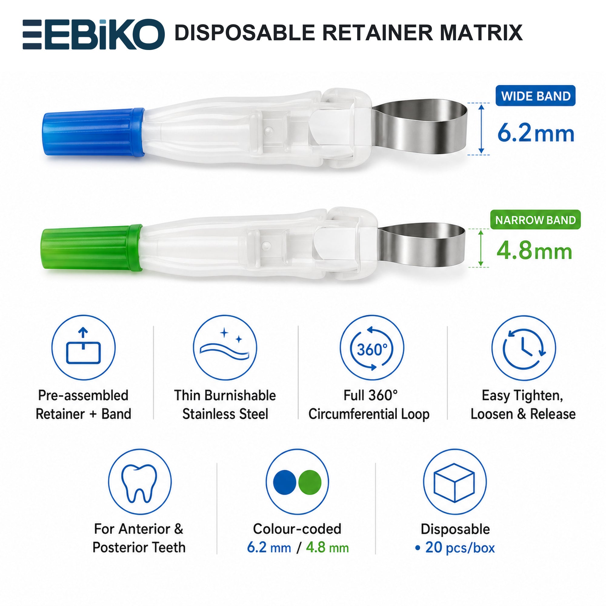EBIKO Dental Disposable Retainer Matrix – Wide & Narrow Band 20pcs/Box