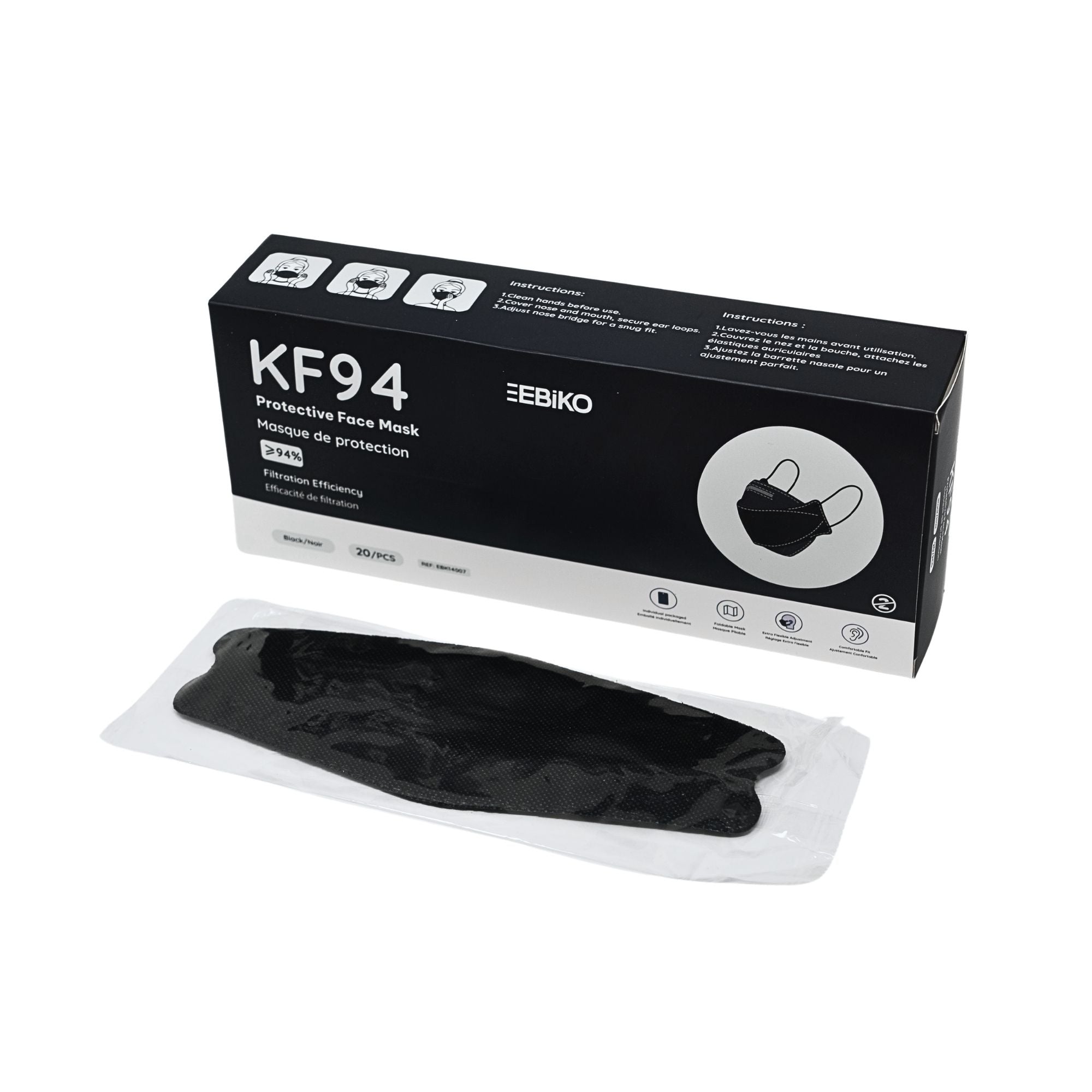 EBIKO KF94 protective face mask black high-filtration disposable mask 20 box for superior protection and comfort