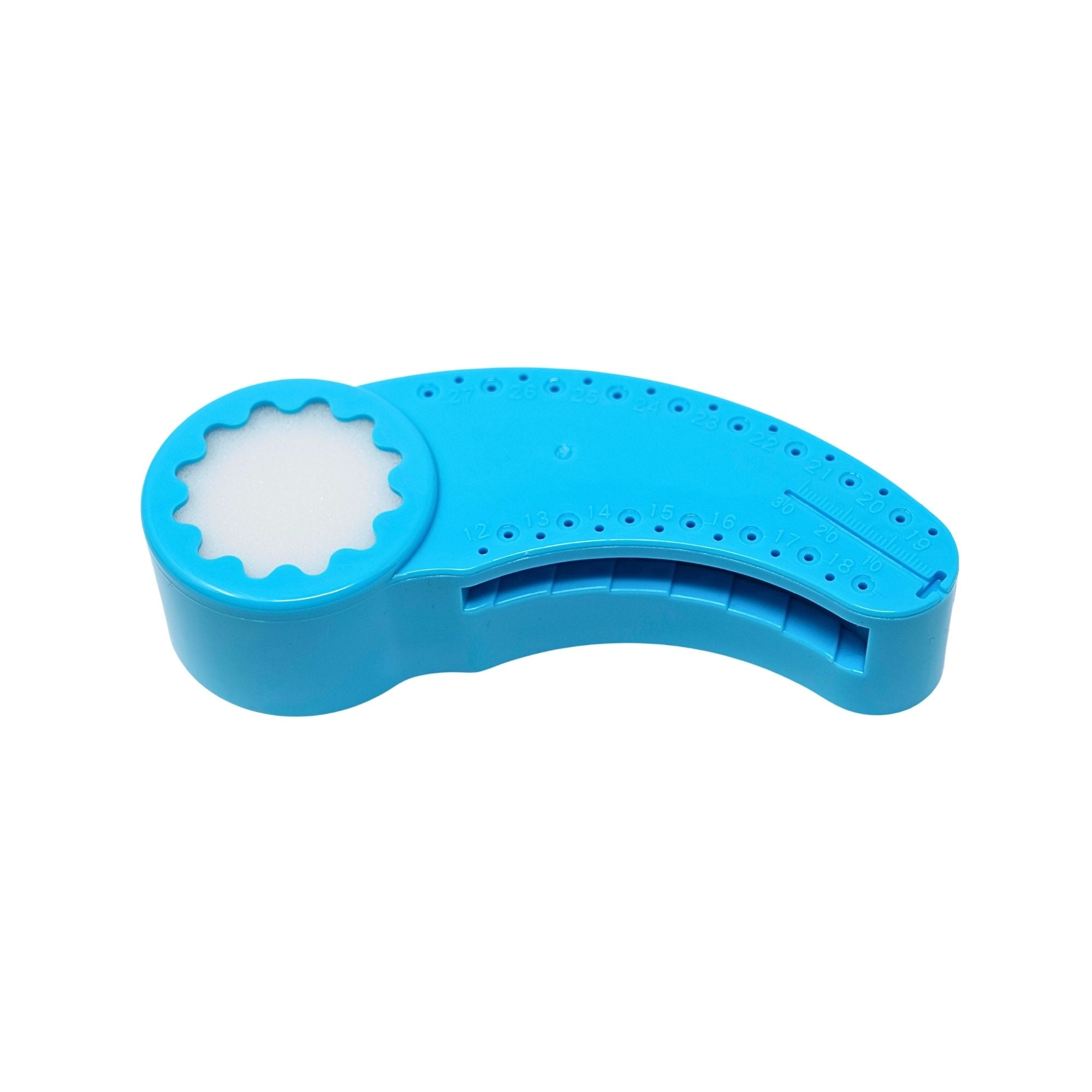 Blue plastic endo ruler with cow horn style design featuring slots and measurement holes for dental k files