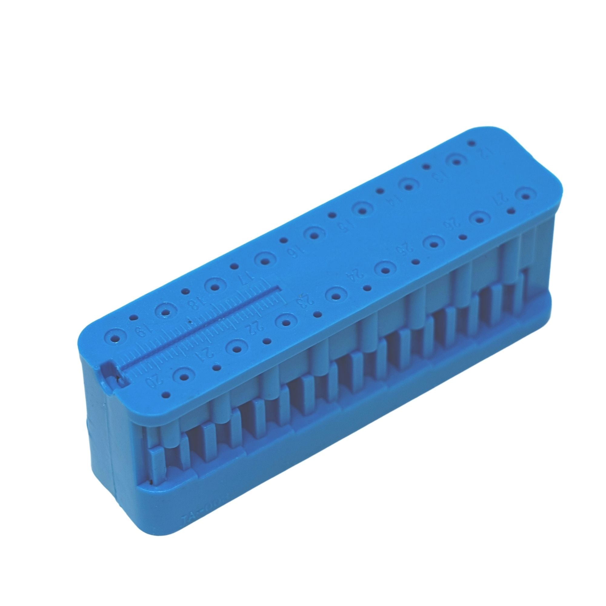 Blue plastic endo ruler with regular style design featuring slots and measurement holes for dental k files close up