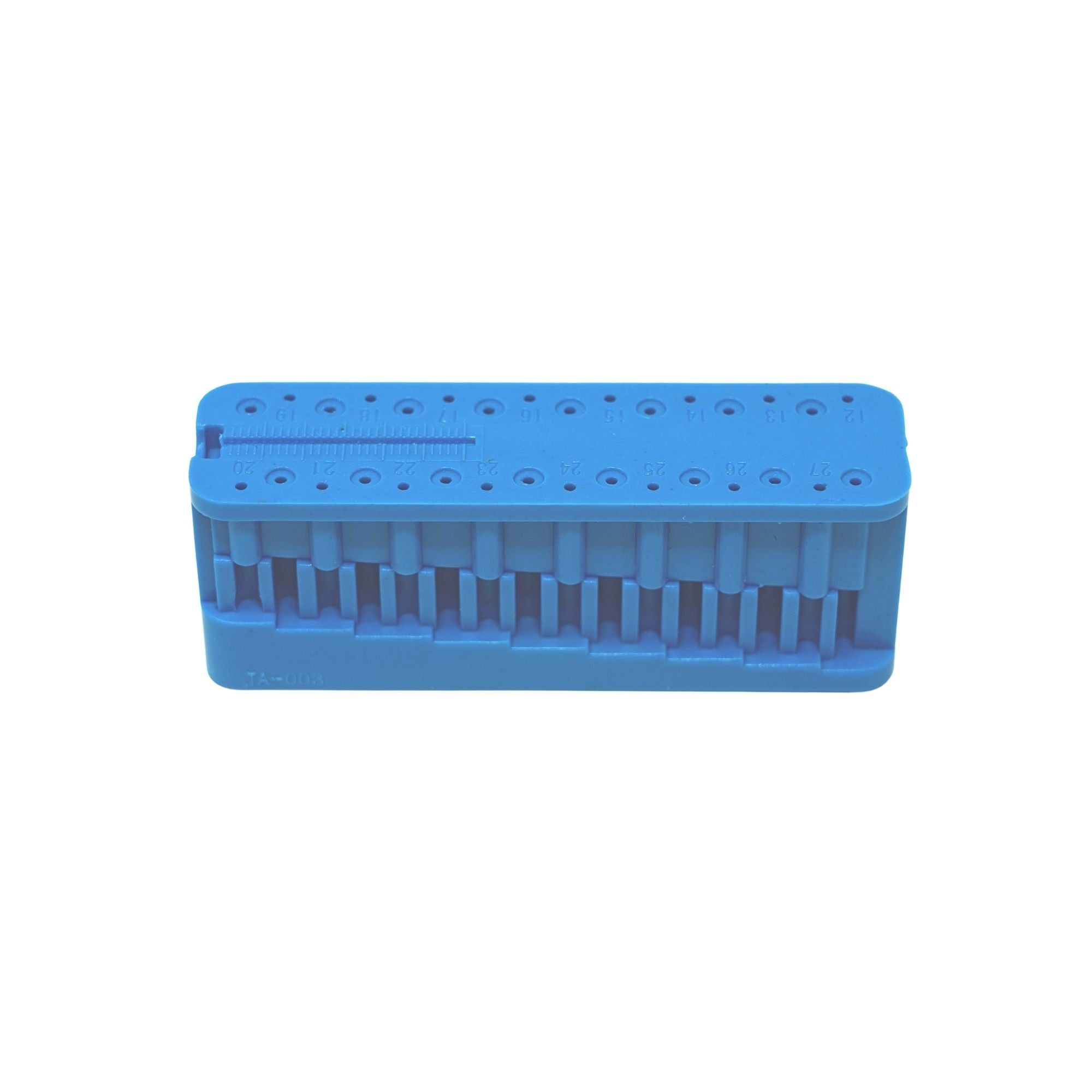 Blue plastic endo ruler with regular style design featuring slots and measurement holes for dental k files