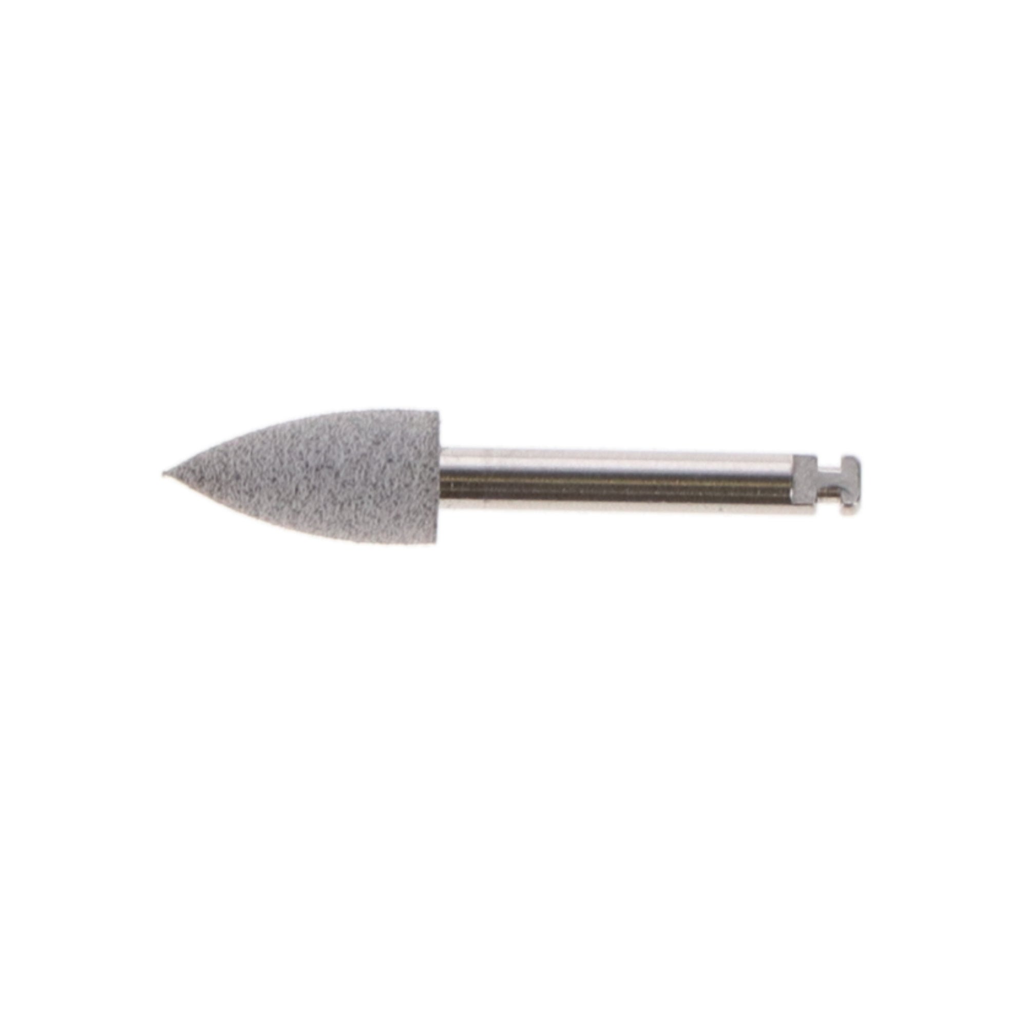 Gray latch type dental polishing points with a stainless steel base designed for efficient polishing during dental