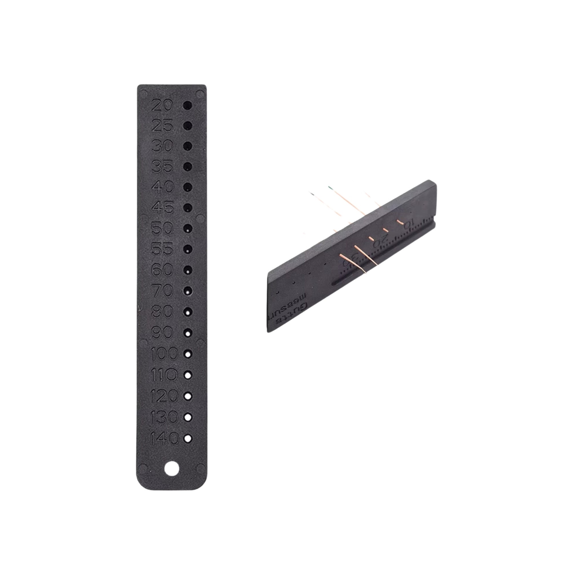 Black Gutta Percha measuring ruler designed for precise length measurement of dental gutta-percha points featuring engraved markings from 20mm to 140mm