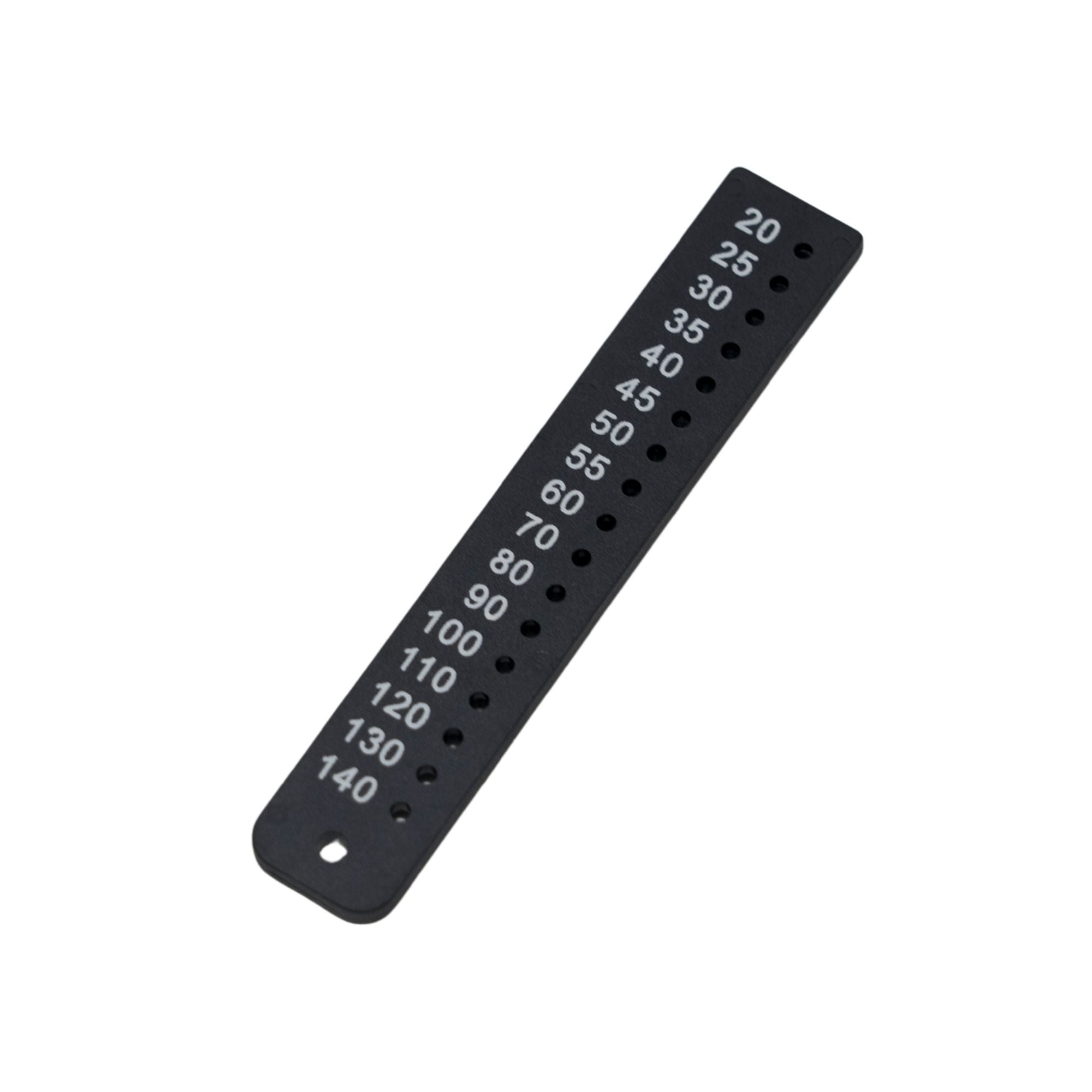 back side of black Gutta Percha measuring ruler designed for precise length measurement of dental gutta-percha points featuring engraved markings from 20mm to 140mm