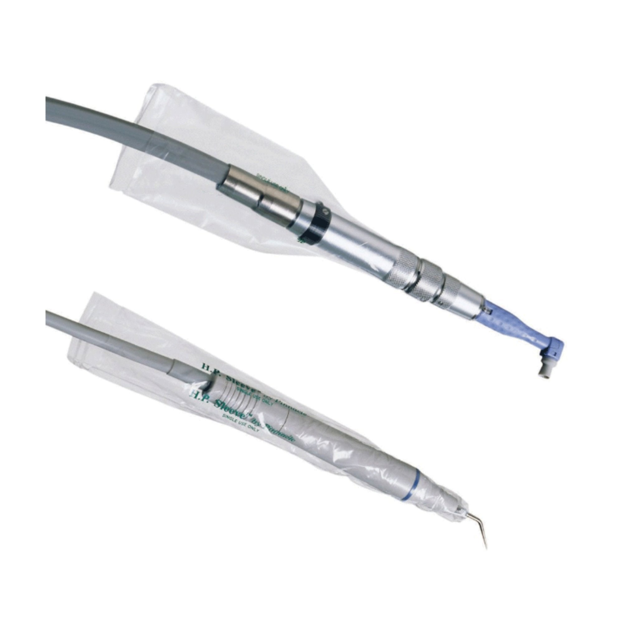 Clear protective handpiece sleeve designed to cover dental handpieces ensuring hygienic use and preventing cross-contamination during dental procedures
