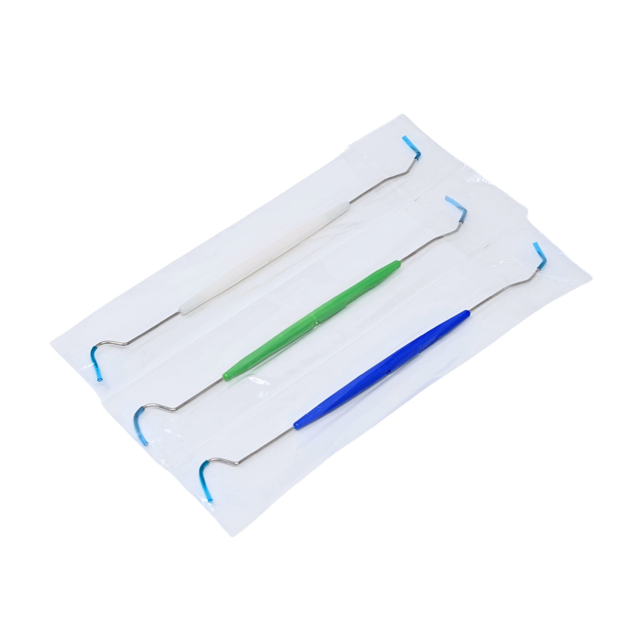 Individually packaged disposable double-ended dental explorers in assorted colors