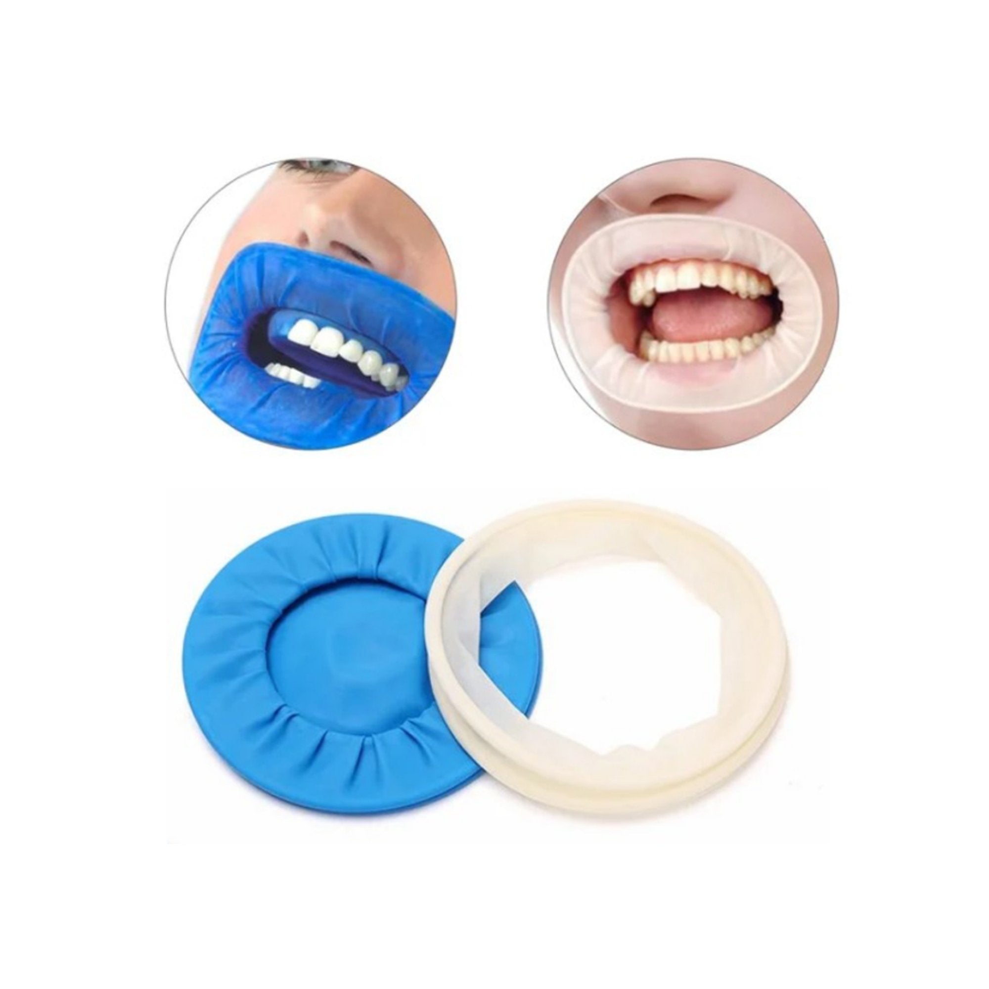 Latex mouth retractors in blue and white ideal for dental procedures and teeth whitening