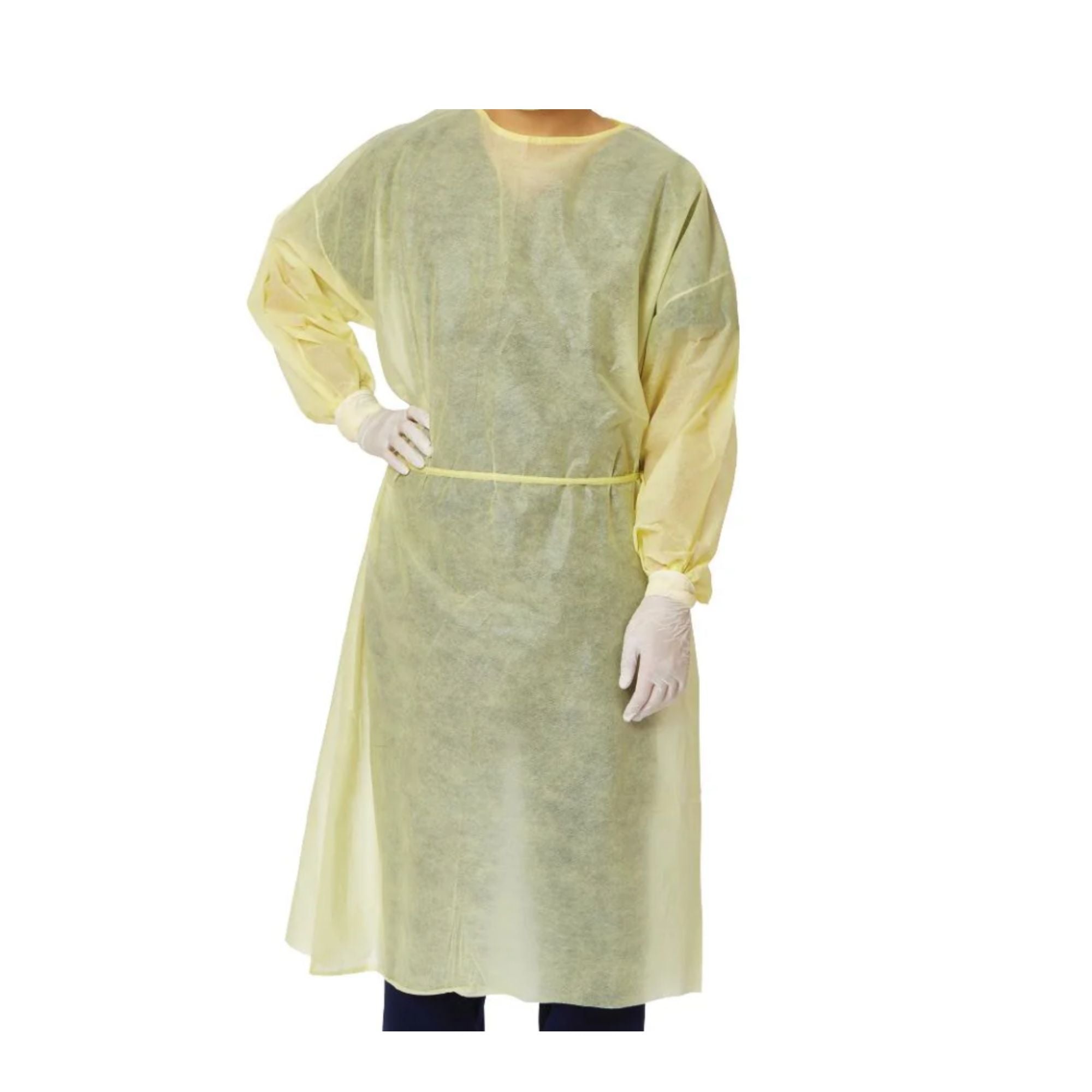 Person wearing a yellow medical gown on a white background