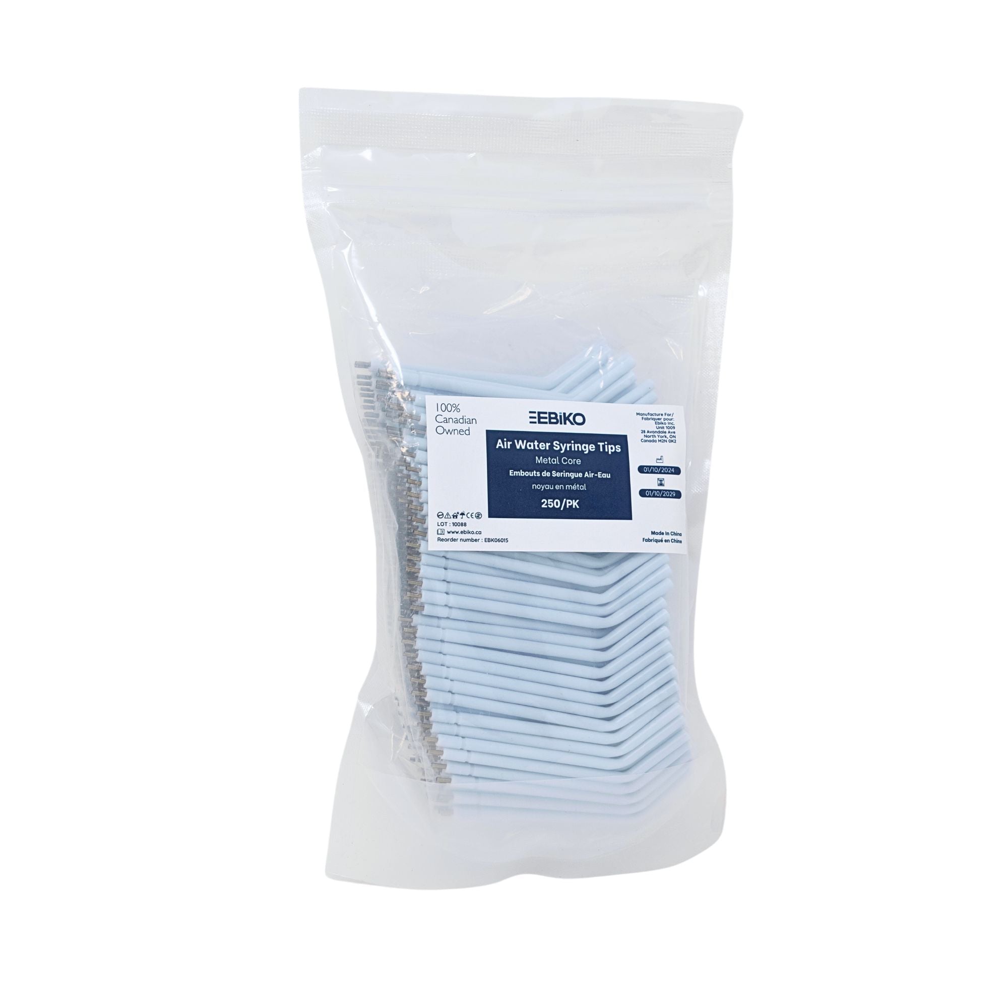 Package of Metal Core Air Water Syringe Tips white color 250 pieces per pack for precise air and water flow in dental procedures