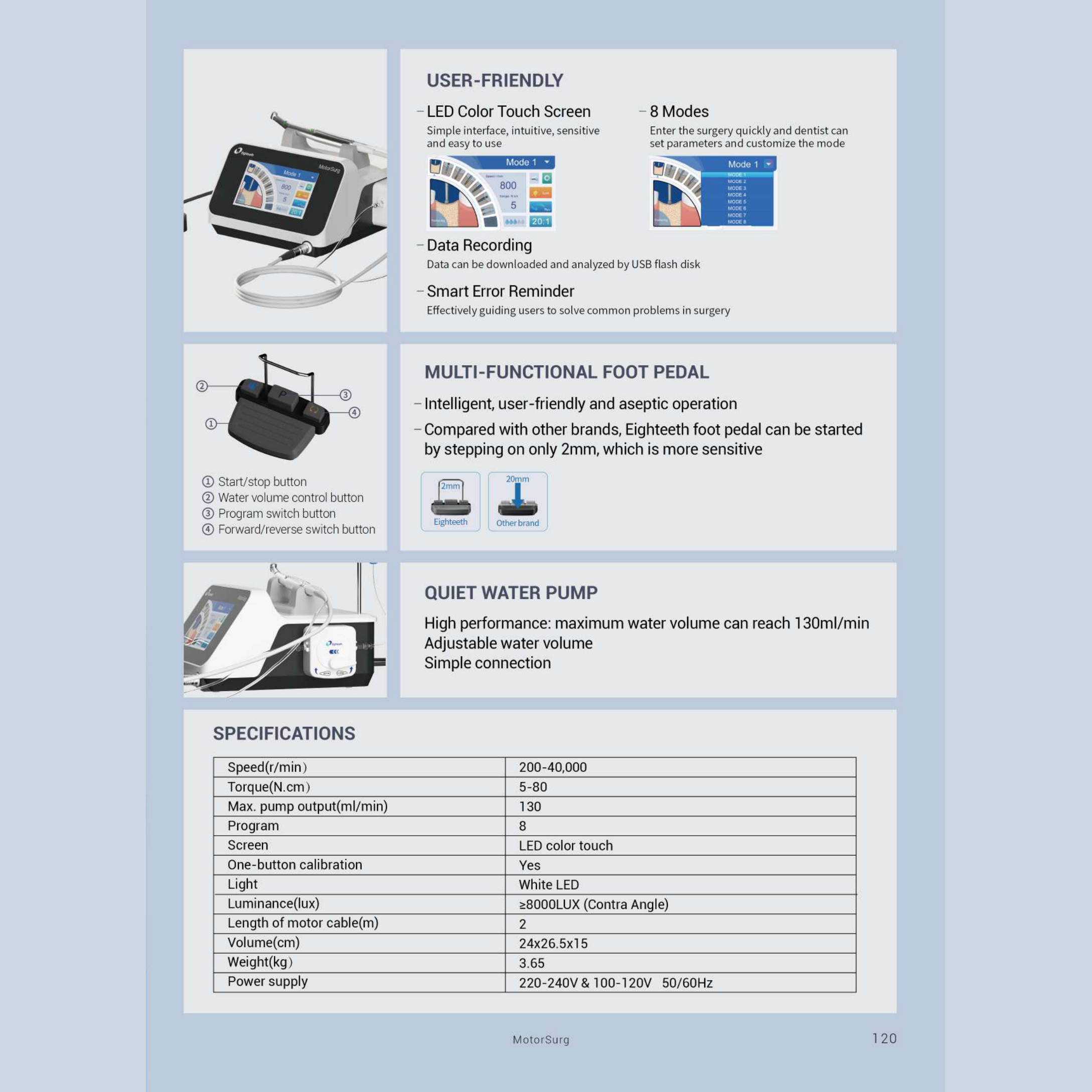 Eighteeth MotorSurg Implant Surgery Motor — MotorSurg — touchscreen, foot pedal, water pump and specifications