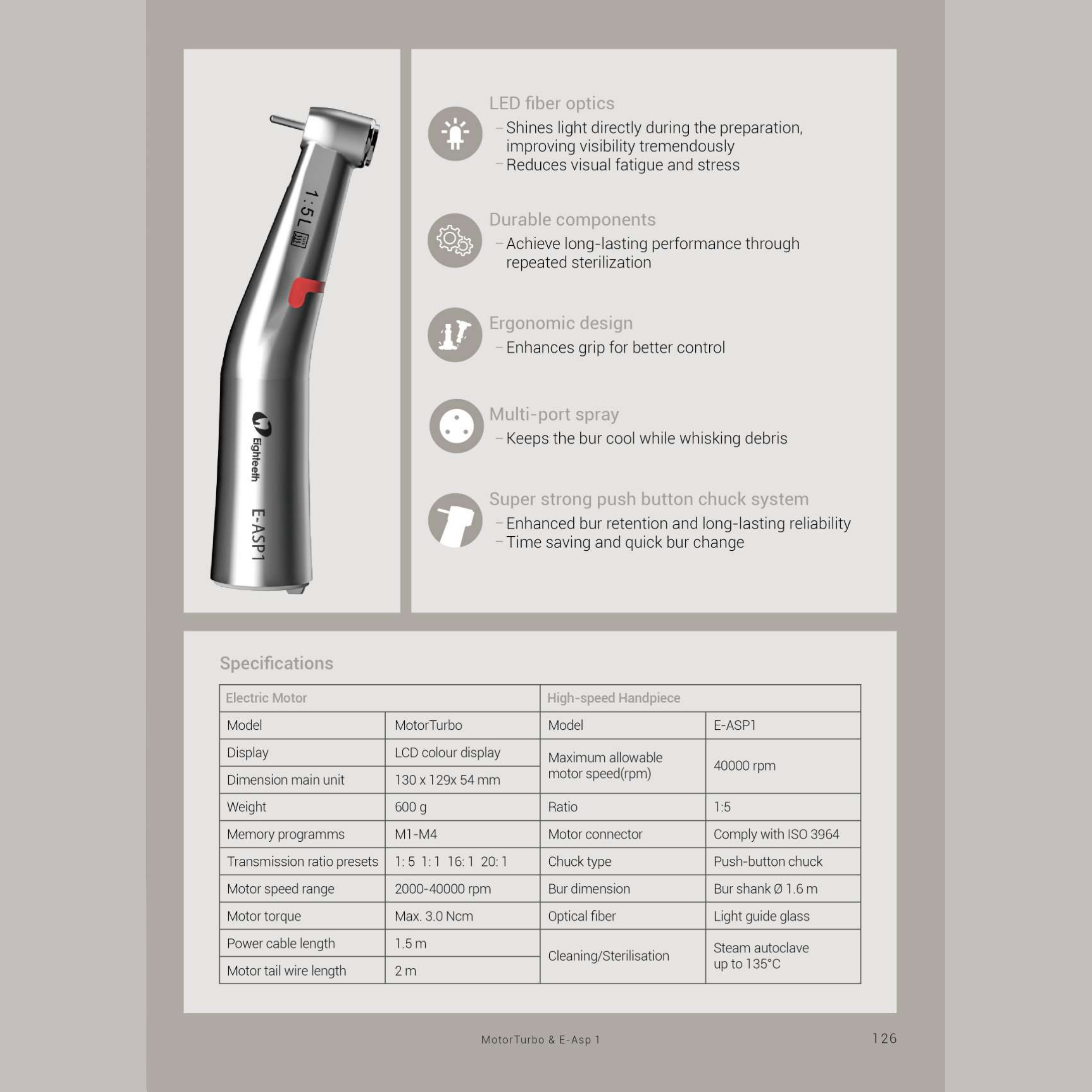 Eighteeth Motor Turbo Electric Micromotor — Motor Turbo — LED fibre optics, handpiece detail and specifications