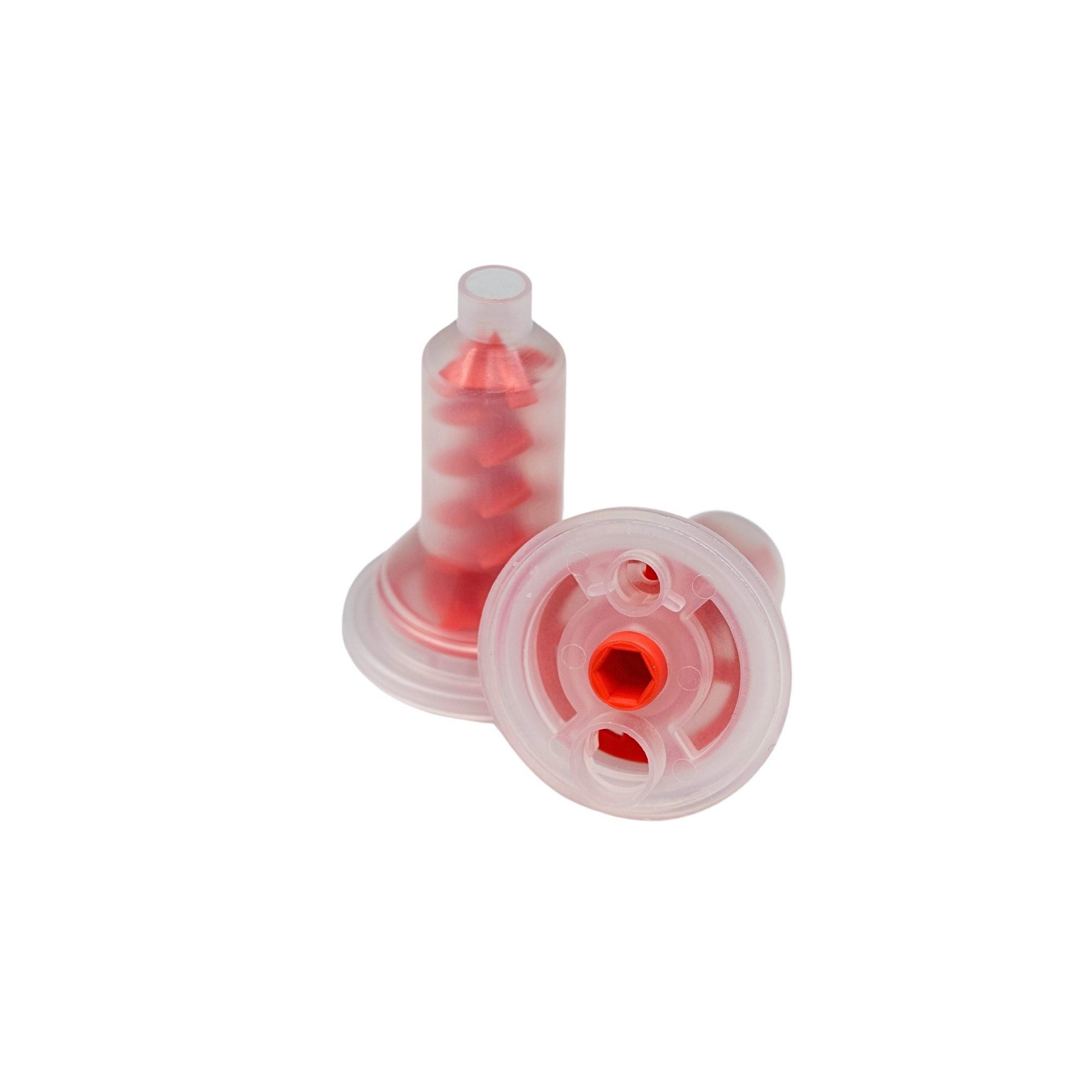 Red Pentamix mixing tips with spiral structure shown from various angles to display the nozzle and clear casing design