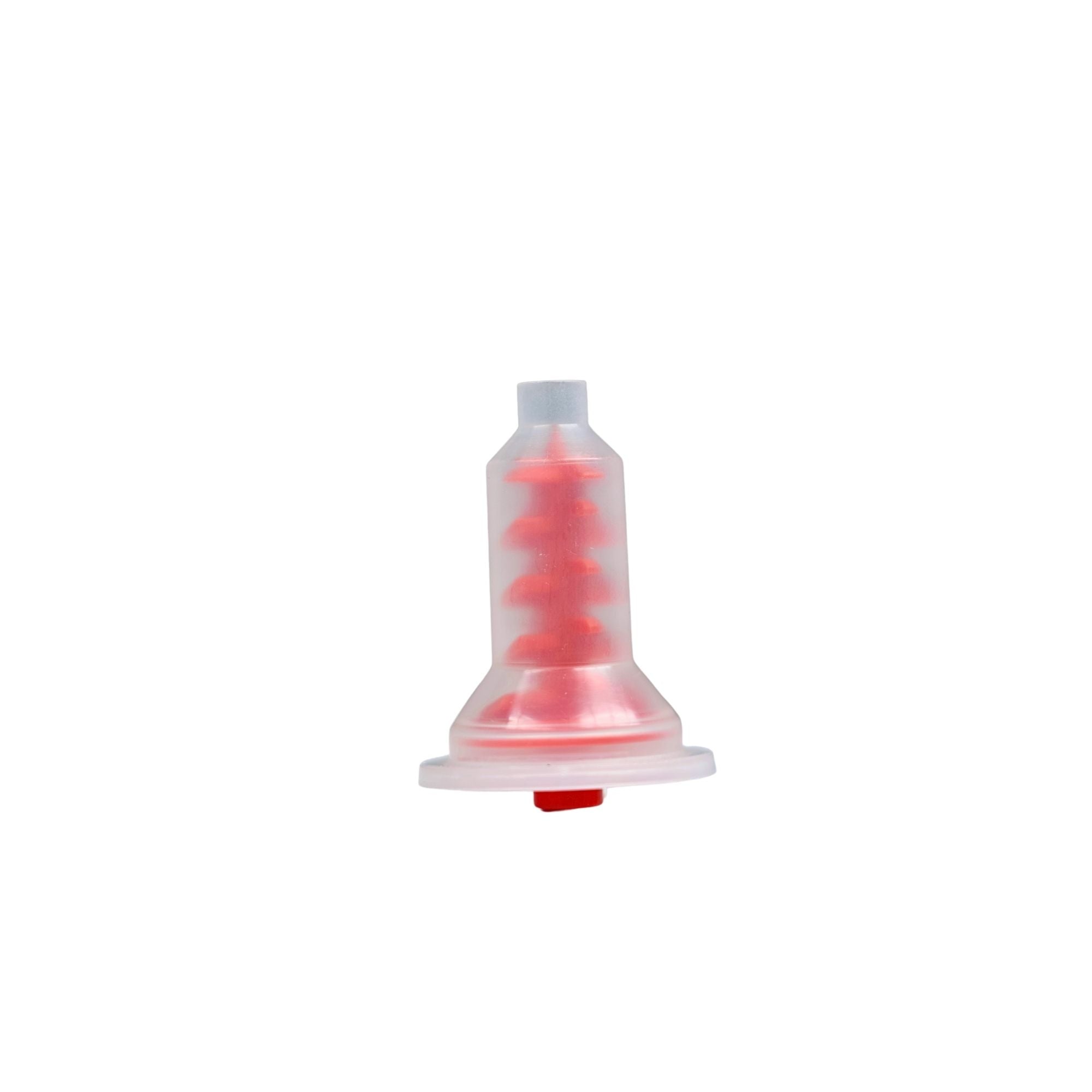 Red Pentamix mixing tips with spiral structure shown from various angles to display the nozzle and clear casing 50 per pack