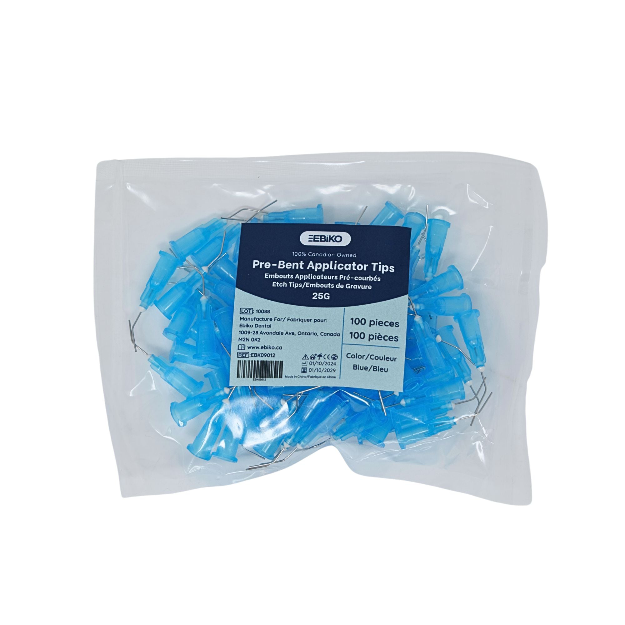 Package of Pre-Bent Etch Dispensing Tips 25G blue color for precise material application in dental procedures