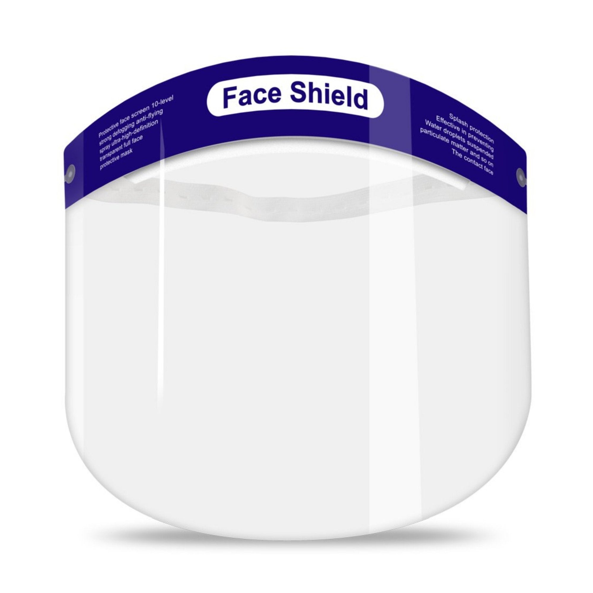 Clear protective face shield with blue top band and foam padding for comfortable full-face coverage